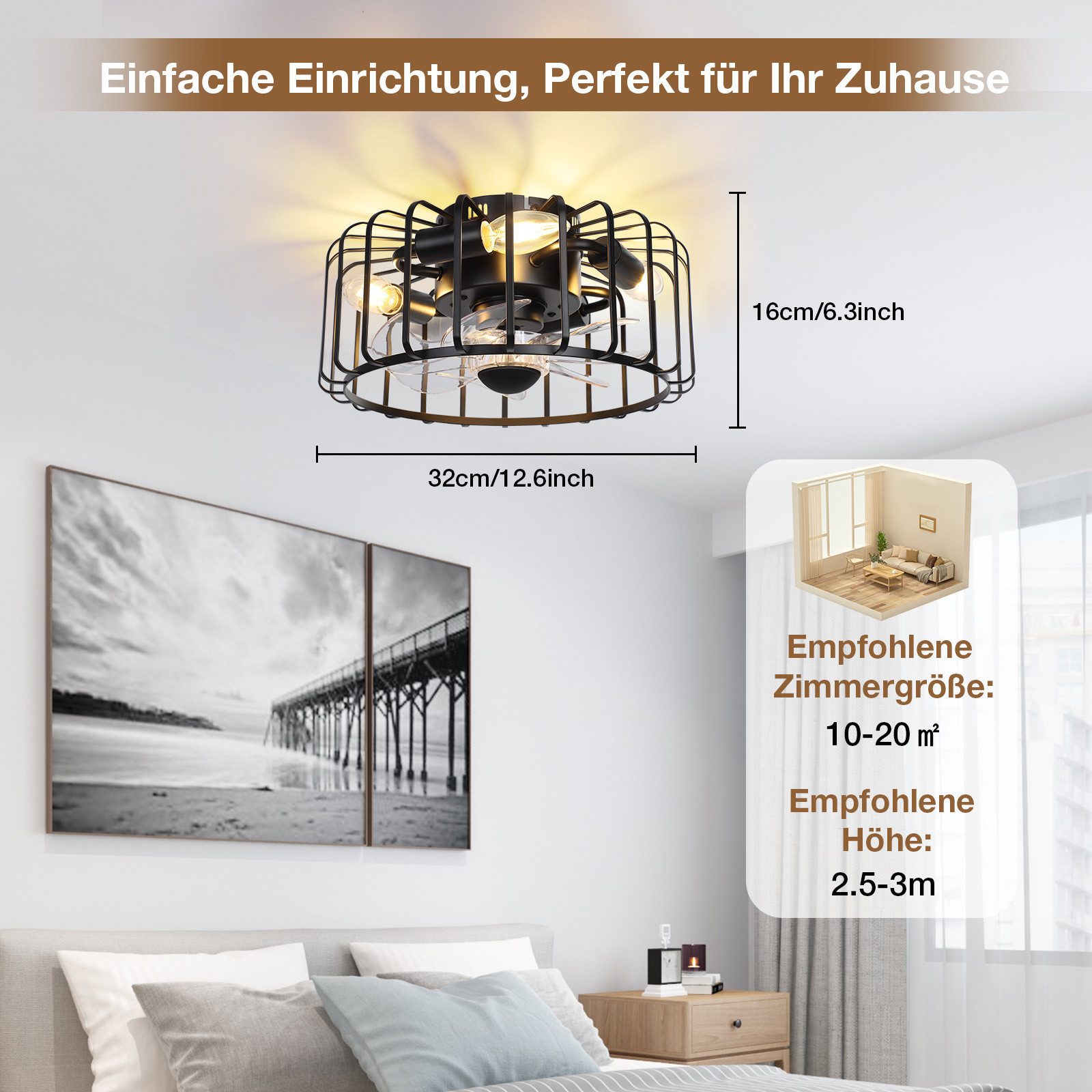 MUPOO Deckenleuchte Käfiglampe 32cm Schwarzer Deckenventilator günstig online kaufen