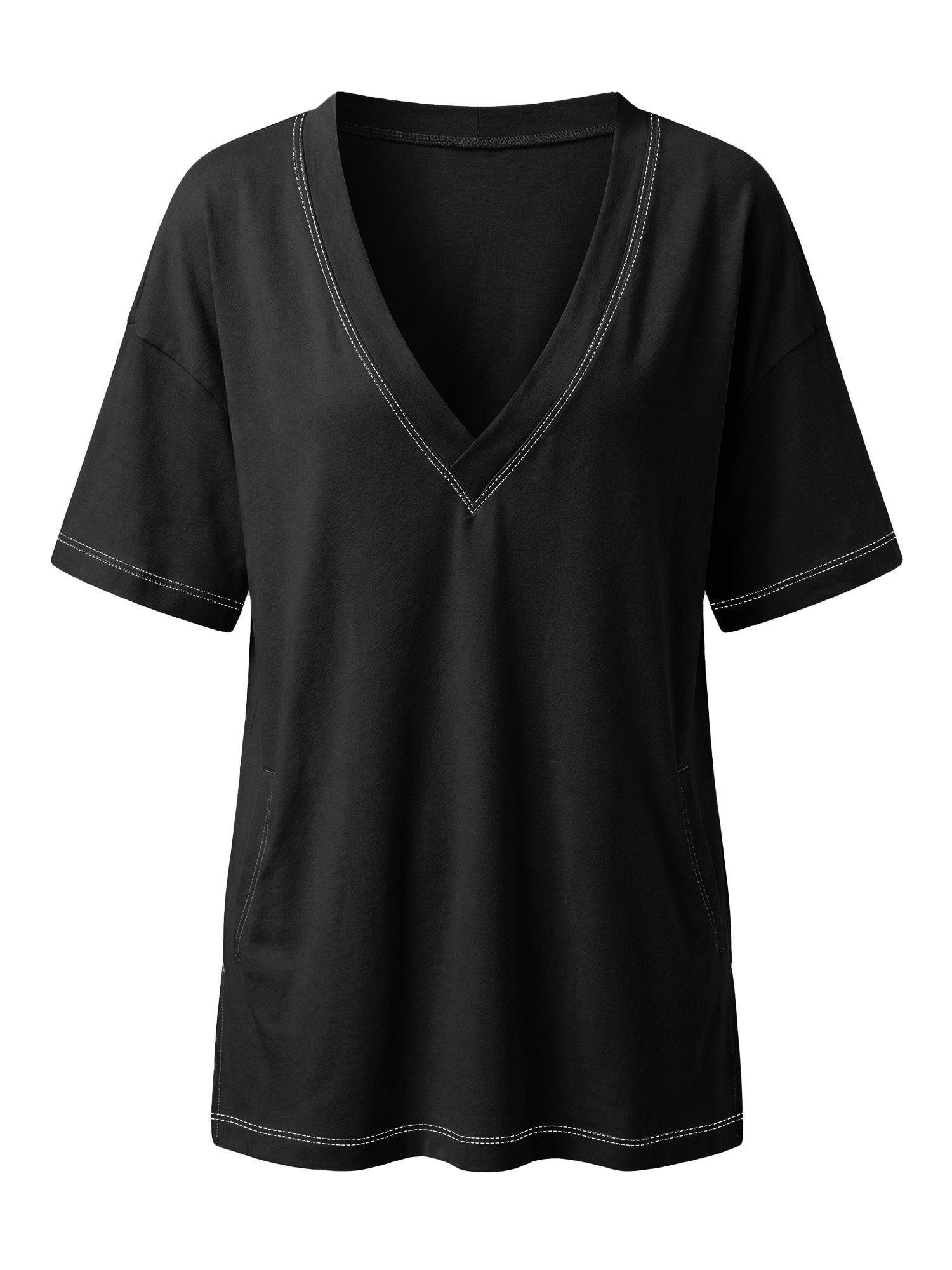 Imily Bela T-Shirt Damen Oversize mit tiefem V-Ausschnitt Cover-up Casual (Packung, 1-tlg., 1per-Pack) mit Seitenschlitzen Kontrastnähten – Bild 5 von 5