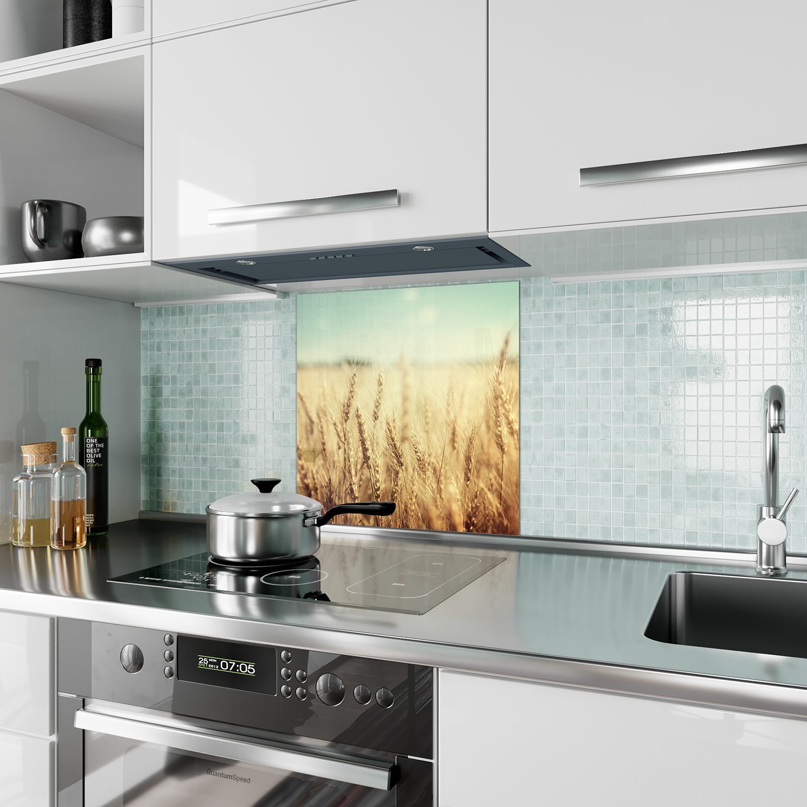 Spritzschutz Weizenfeld Küchenrückwand mit Glas Primedeco Motiv Küchenrückwand beleuchtet