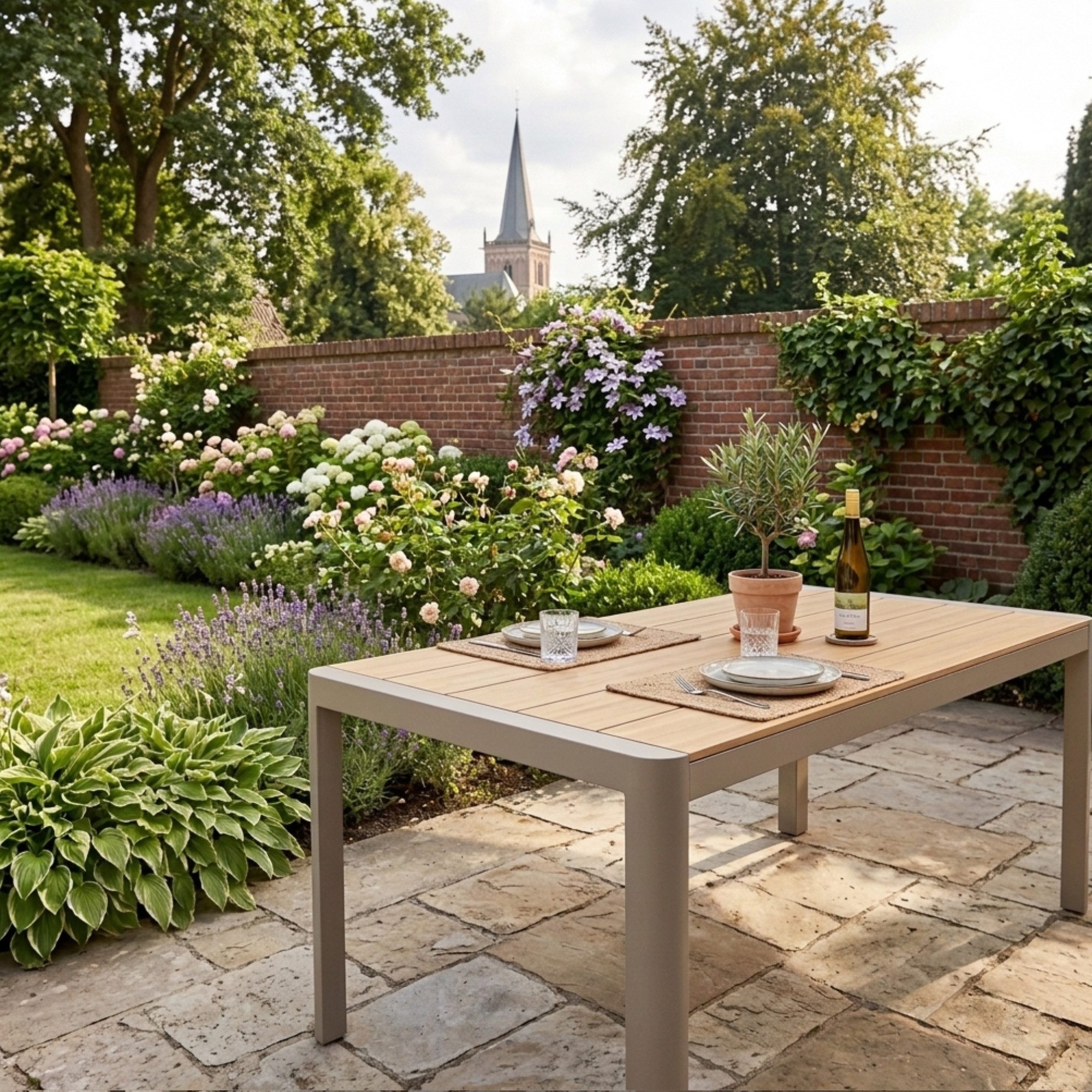 MANDALIKA Garden Gartentisch Esstisch Meran / Aluminium kombiniert mit Nonwood Teak Look Elementen