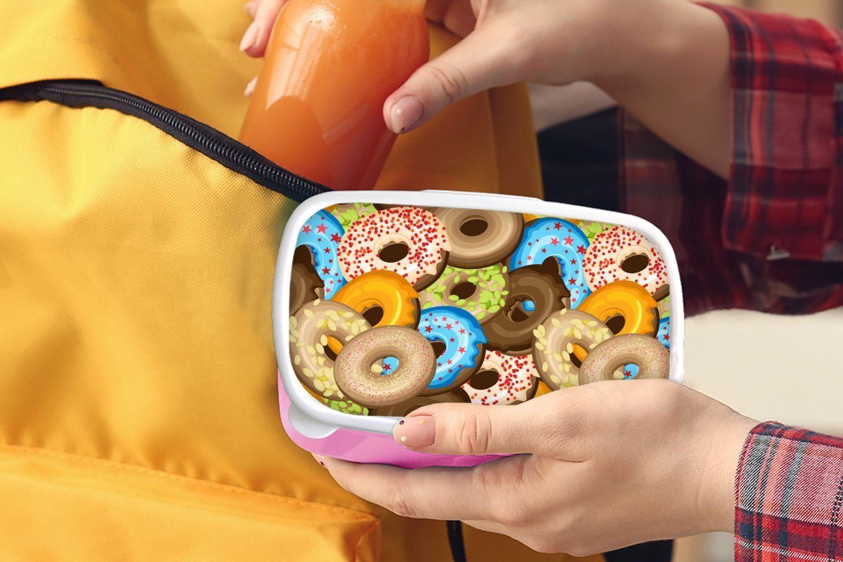 rosa Brotdose MuchoWow (2-tlg), für Kunststoff, Muster Kunststoff Mädchen, Lunchbox Kinder, Snackbox, - Brotbox Donuts Sterne, Erwachsene, -