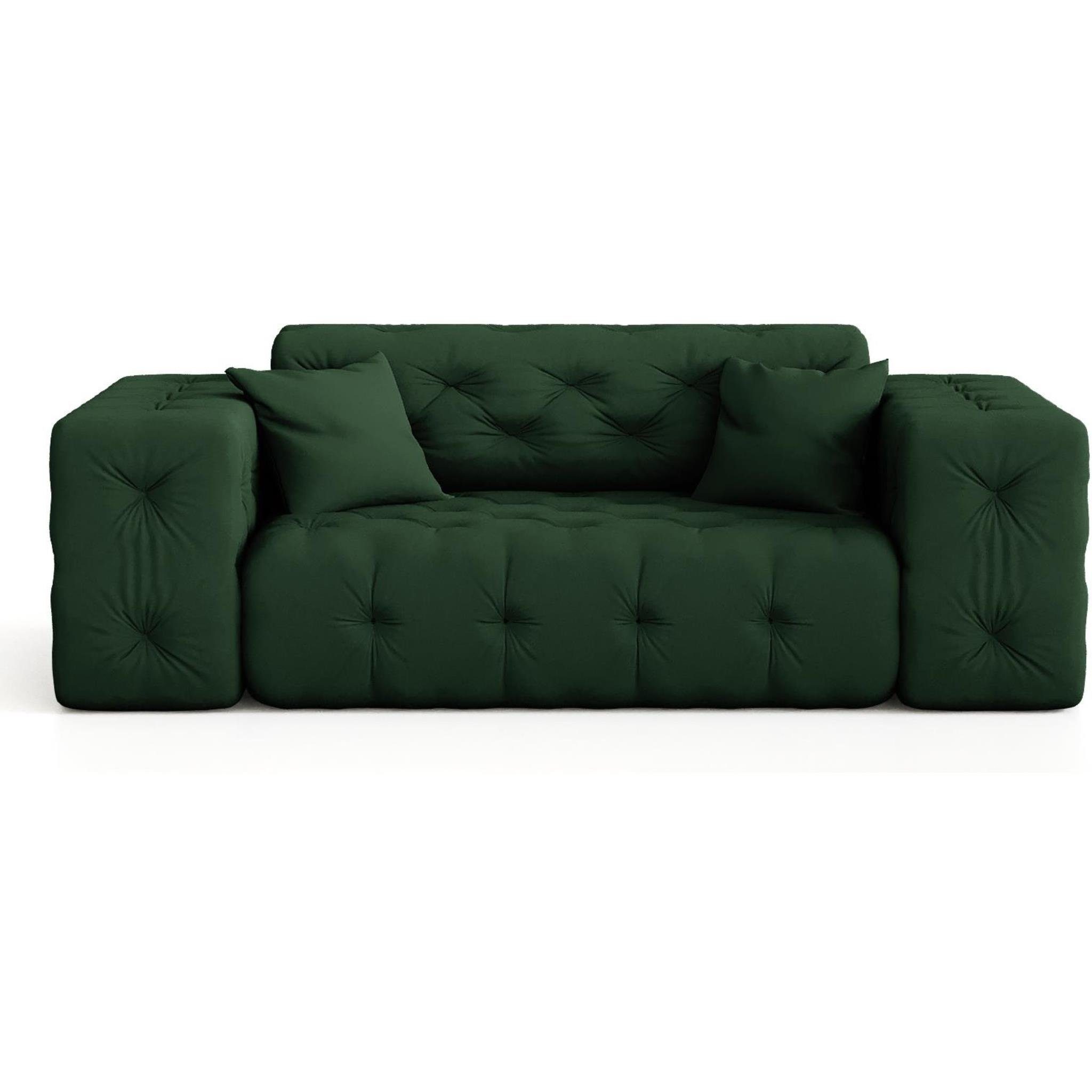 Sofa Velvetstoff, hochwertiger auf im Wellenfedern Moreno, Beautysofa 2-Sitzer mit Chesterfield-Design, 2-Sitzer Knopfheftung Opera green mit