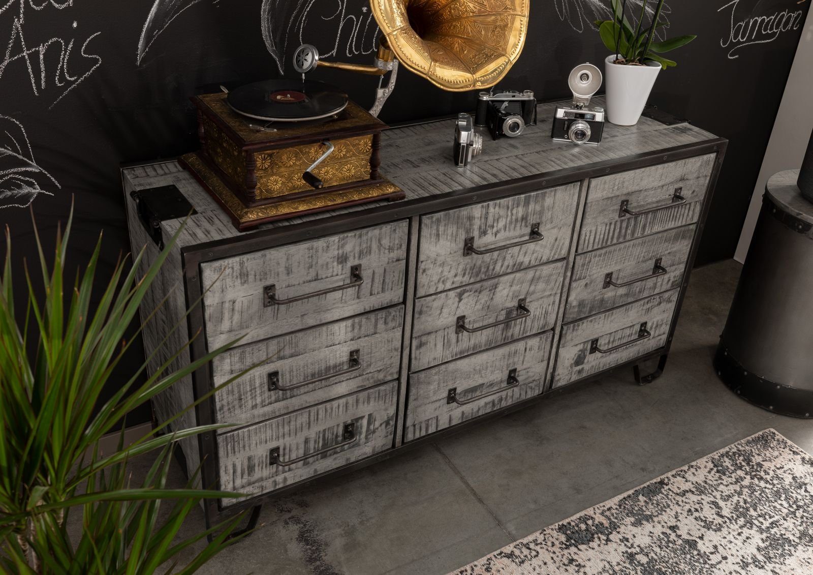 Massivmoebel24 Sideboard HEAVY INDUSTRY (Massivholz), Sideboard Mango 150x45x80 grau lackiert HEAVY INDUSTRY #118