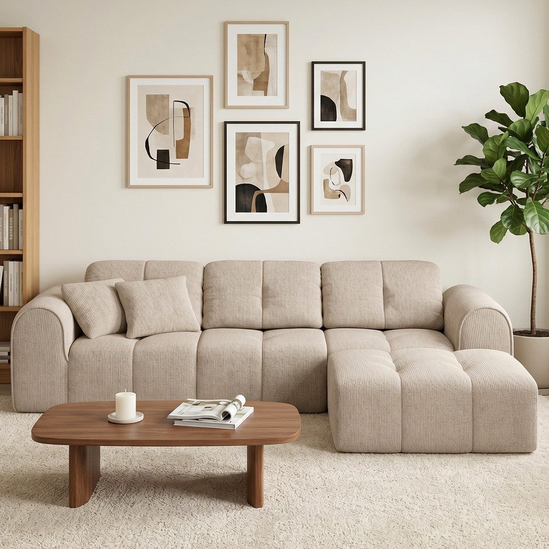 skølm Sofa Vanaheim, Vollschaumcouch gepolstert, Couch vakuumiert verpackt, Couch 3 Sitzer mit Hocker & 2 Kissen, beige, kein Aufbau erforderlich