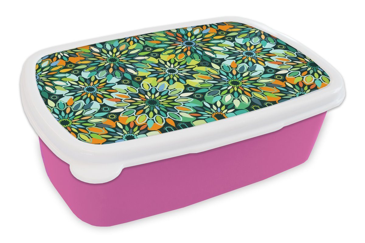 MuchoWow Lunchbox Muster - Mandala - Grün, Kunststoff, (2-tlg), Brotbox für Erwachsene, Brotdose Kinder, Snackbox, Mädchen, Kunststoff rosa