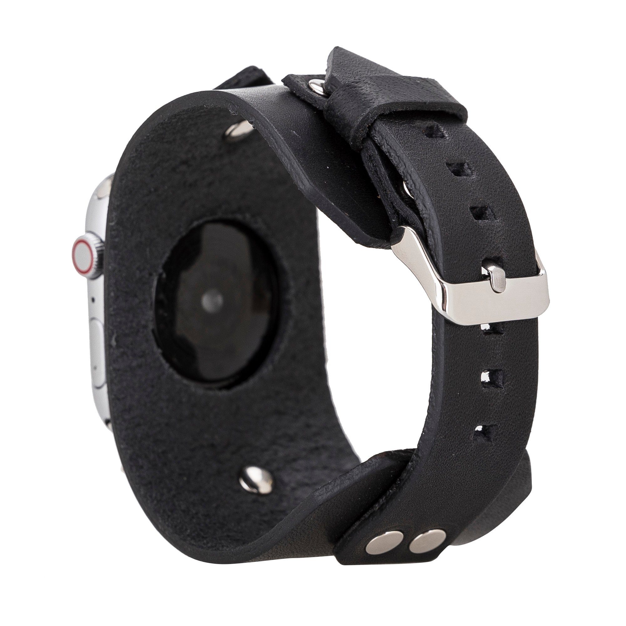 Burkley Smartwatch-Armband Vintage Büffel-Leder Schwarz 42/44/45mm Cuff mit Apple Armband, in Watch kompatibel Apple 1-8 für Watch Series
