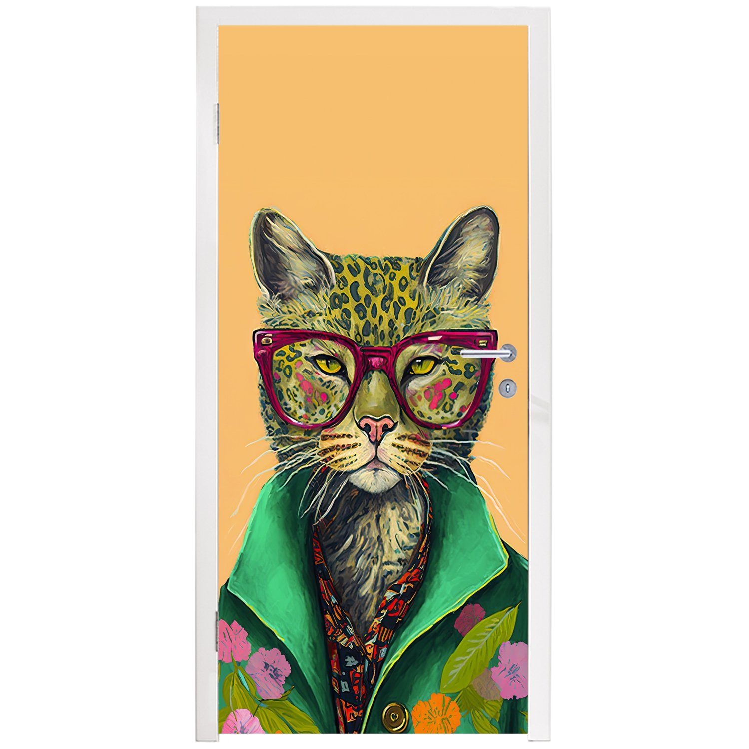 MuchoWow St), cm Türtapete Hippie, (1 für Tür, Katze bedruckt, - Tiere Blumen - - Fototapete 75x205 Matt, - Brille Türaufkleber,