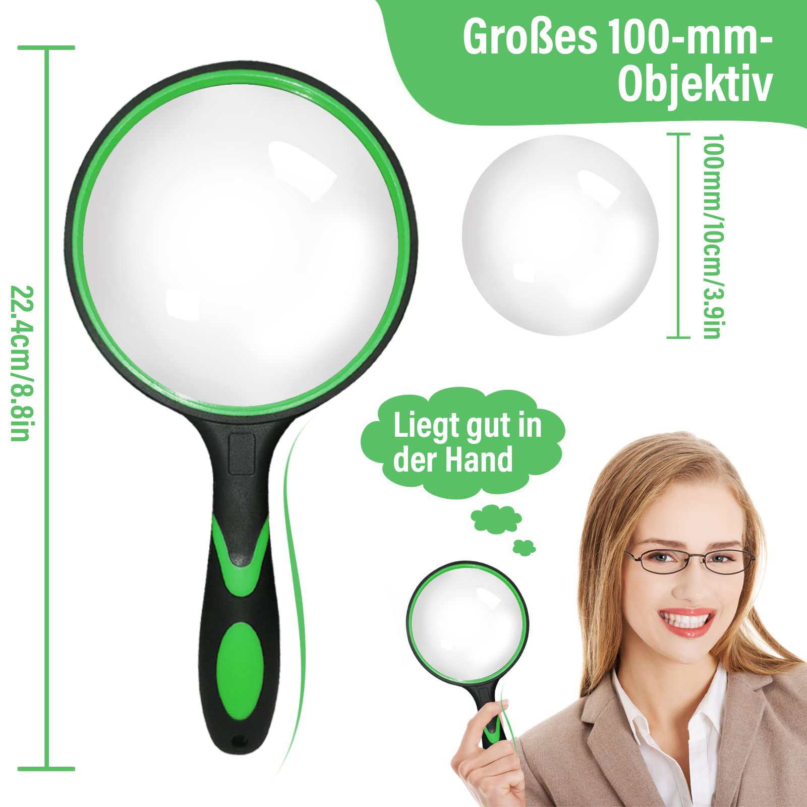 MOPUEA Handlupe Lupe 10 fach 100mm Große HandLupe Leselupe rutschfester Gummigriff, Leselupe Vergrößerungsglas großes Objektiv, erweitertes Sichtfeld, 1-tlg., Robuster, verdickter Rahmen Lesehilfe mit Griff für Senioren Kinder, für Aktivitäten wie Lesen, Naturbeobachtungen, Kunsthandwerk usw.