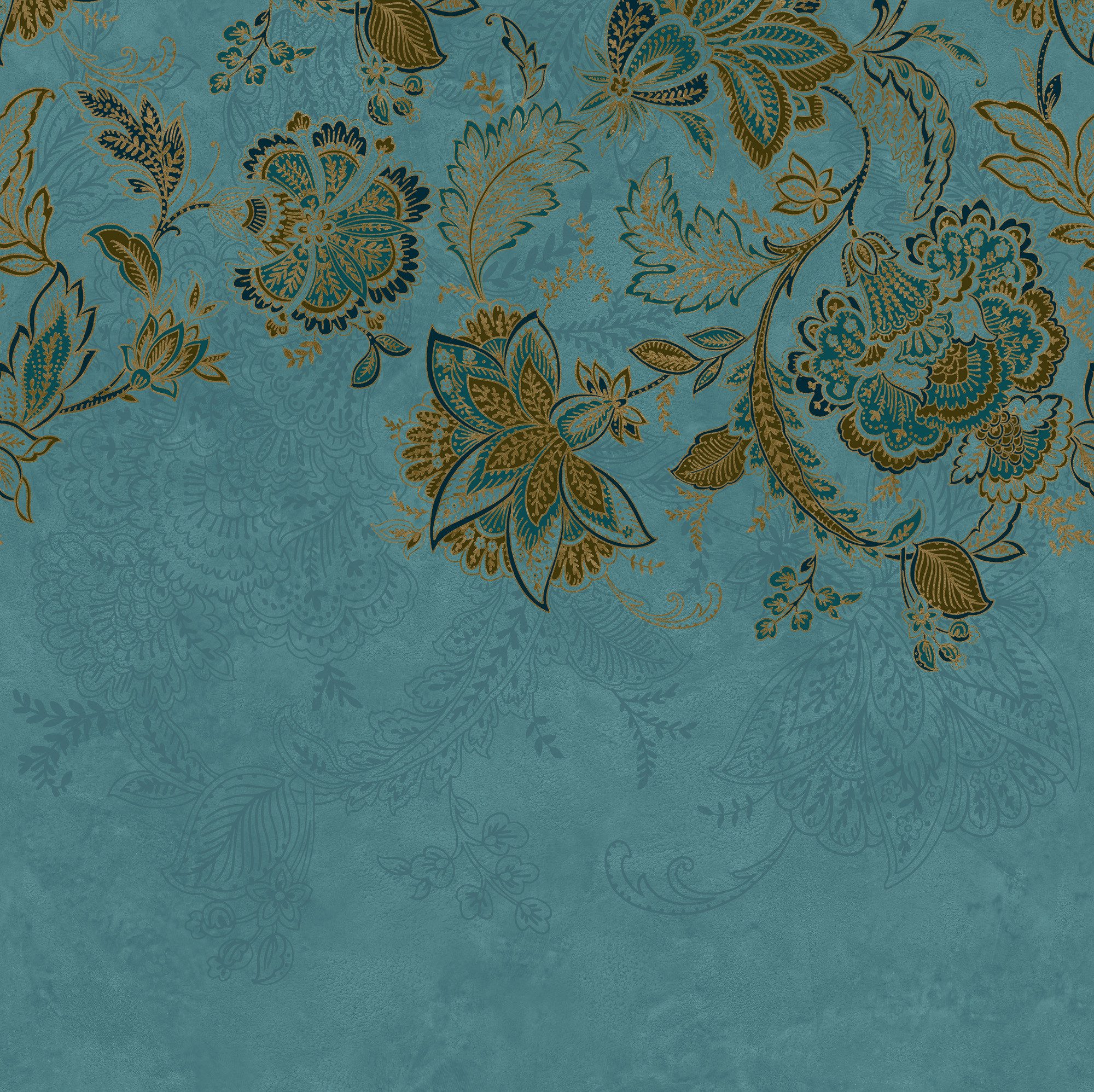 Rasch Fototapete Paisley Blumenranken - Vliestapete Braun Blau, floral, (1 Rolle, 1 St., 3 m x 3 m), Lichtbeständige Farben - Feucht abwischbar - Restlost abziehbar