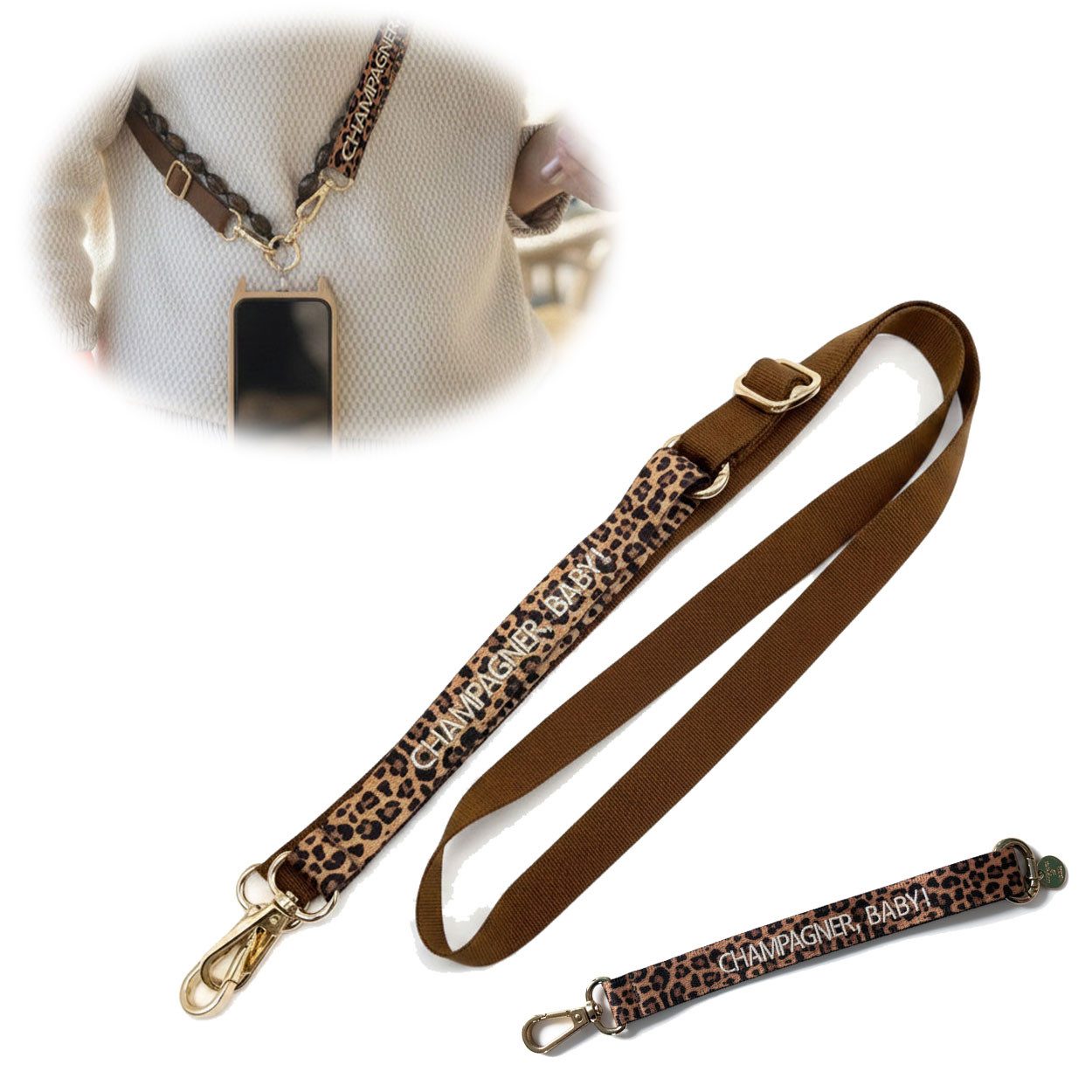 LS-LebenStil Handykette Crossbody Handyband mit Spruch Champagner Baby Leo Weiß 2 Karabiner Lanyard mit Universal Pad, ideal aus als Schlüsselanhänger Schlüsselband, Universal für jedes Smartphone zum Umhängen oder am Handgelenk