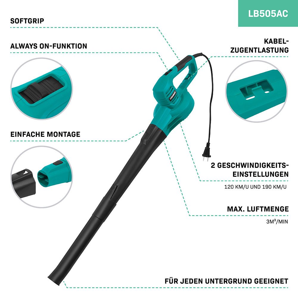 VONROC Elektro-Laubbläser Elektro 650W - 2 Geschwindigkeiten 120 km/h - 190 km/h, 10.000/min - 13.000/min - Luftvolumen 3m³/min