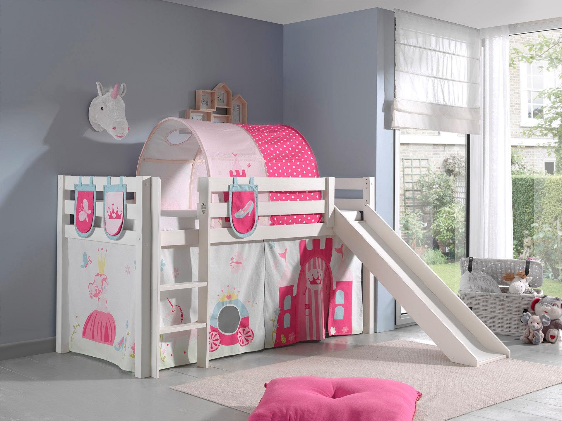 Vipack Hochbett Pino, Spielbett massiv Kiefer, stabil gebaut, 3 Korpusfarben zur Wahl (inkl. Rolllattenrost, Leiter und Absturzschutz, mit oder ohne Rutsche) Textil-Set "Princess", inkl. Vorhang, mit oder ohne Tunnel