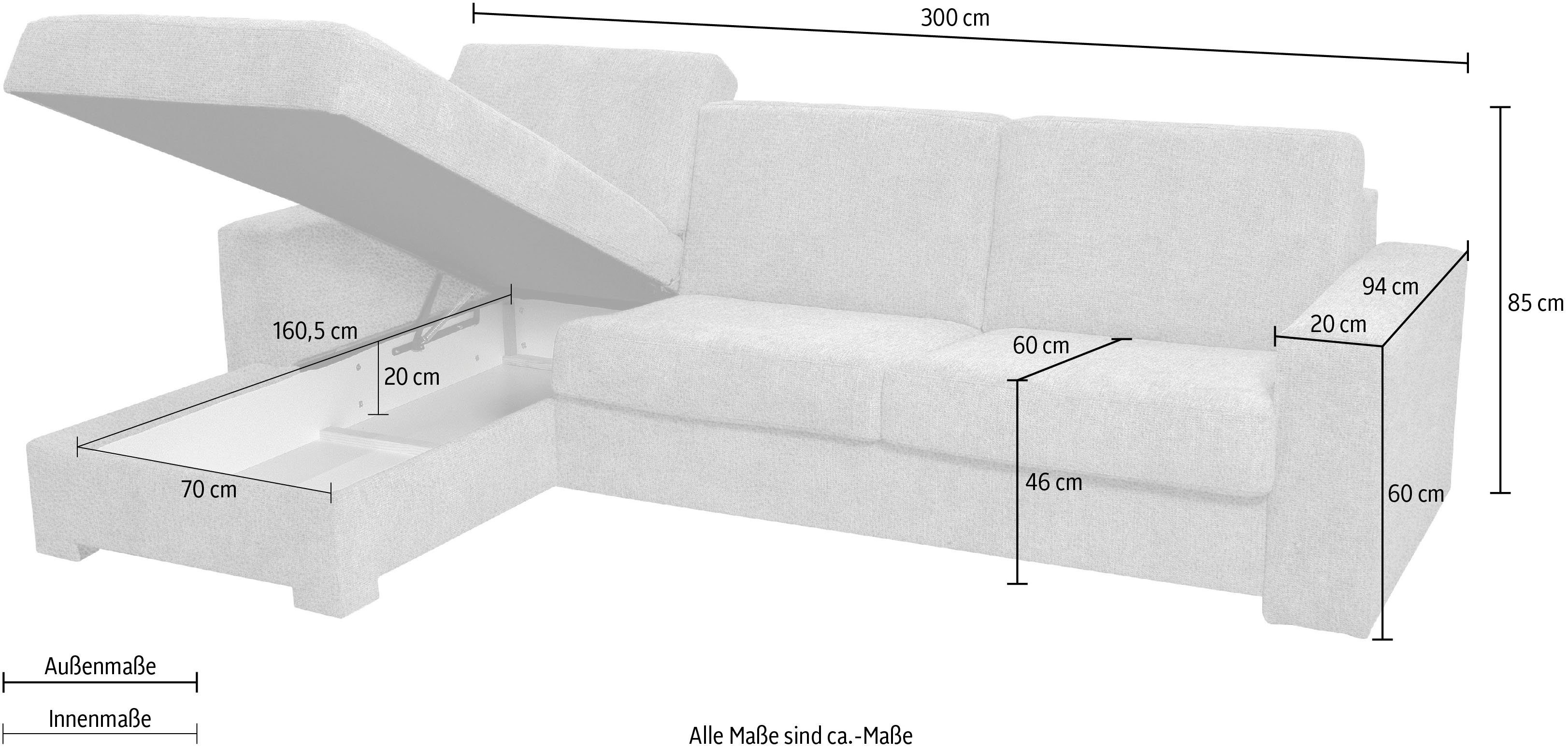 Home affaire Ecksofa Roma "L", ca Dauerschlaffunktion, Liegemaße Unterfederung, 163x198 cm mit