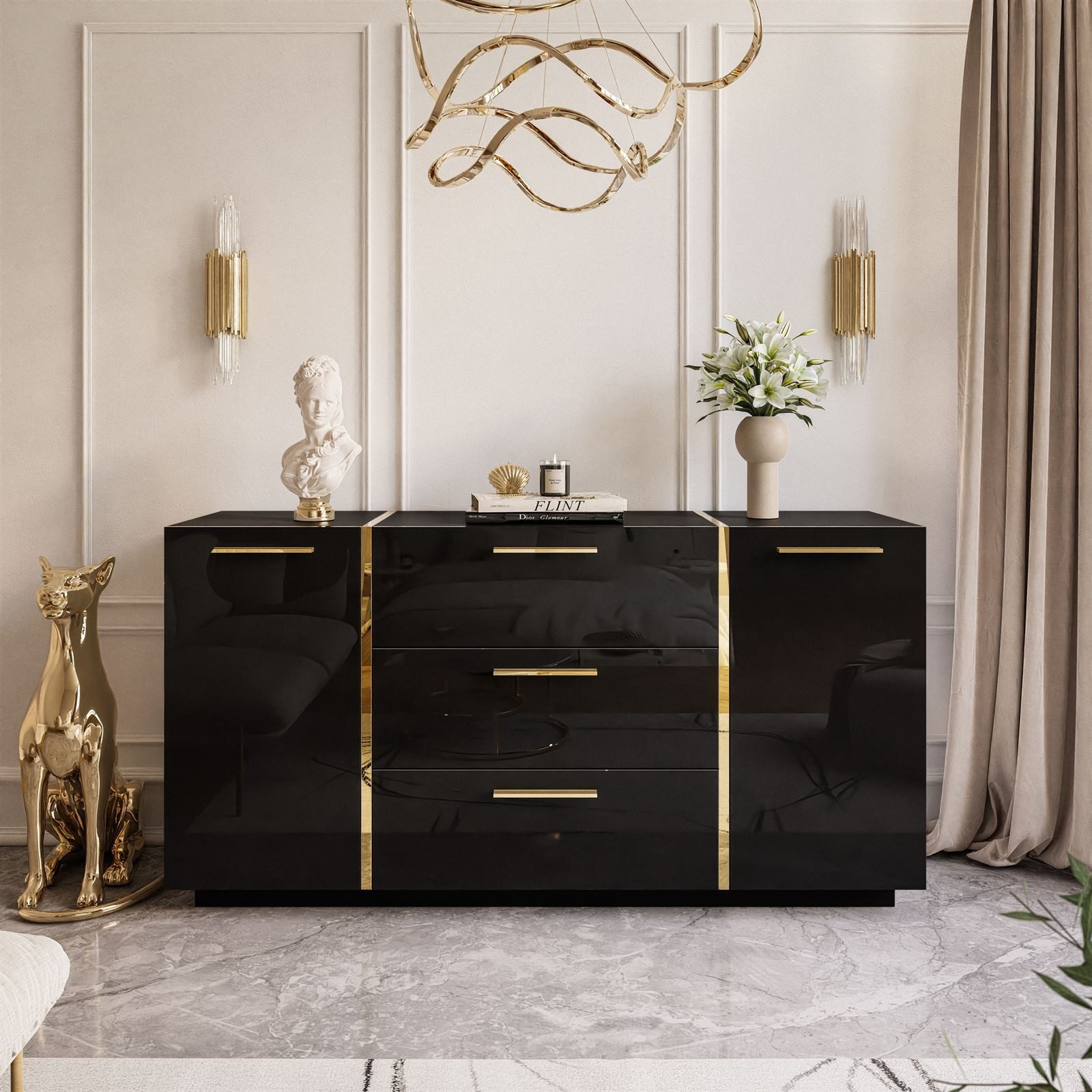 yourhouse24 Kommode ONYX Sideboard Hochglanz Push-Open / Goldgriffe 158 cm