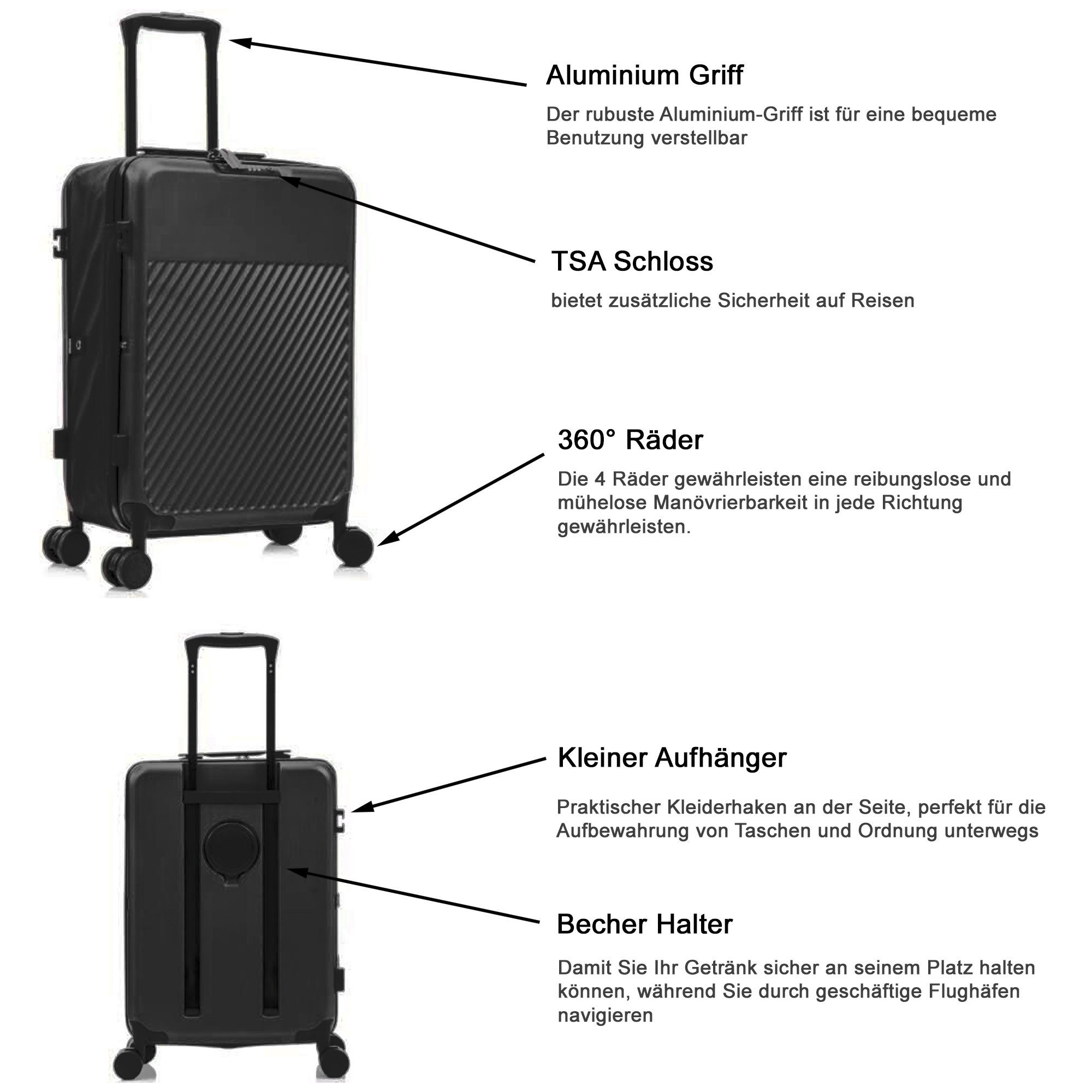 MS-Point Trolley Faltbarer Microfaser Hartschalen Koffer mit Rollen Schwarz, 4 Rollen