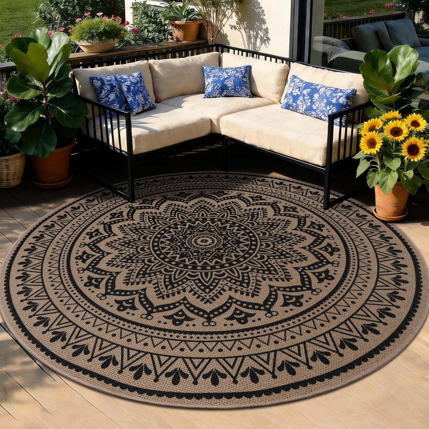 LuxusKollektion Outdoorteppich Teppich Rund 120cm Jute Optik Braun, Freiform, Höhe: 5 mm