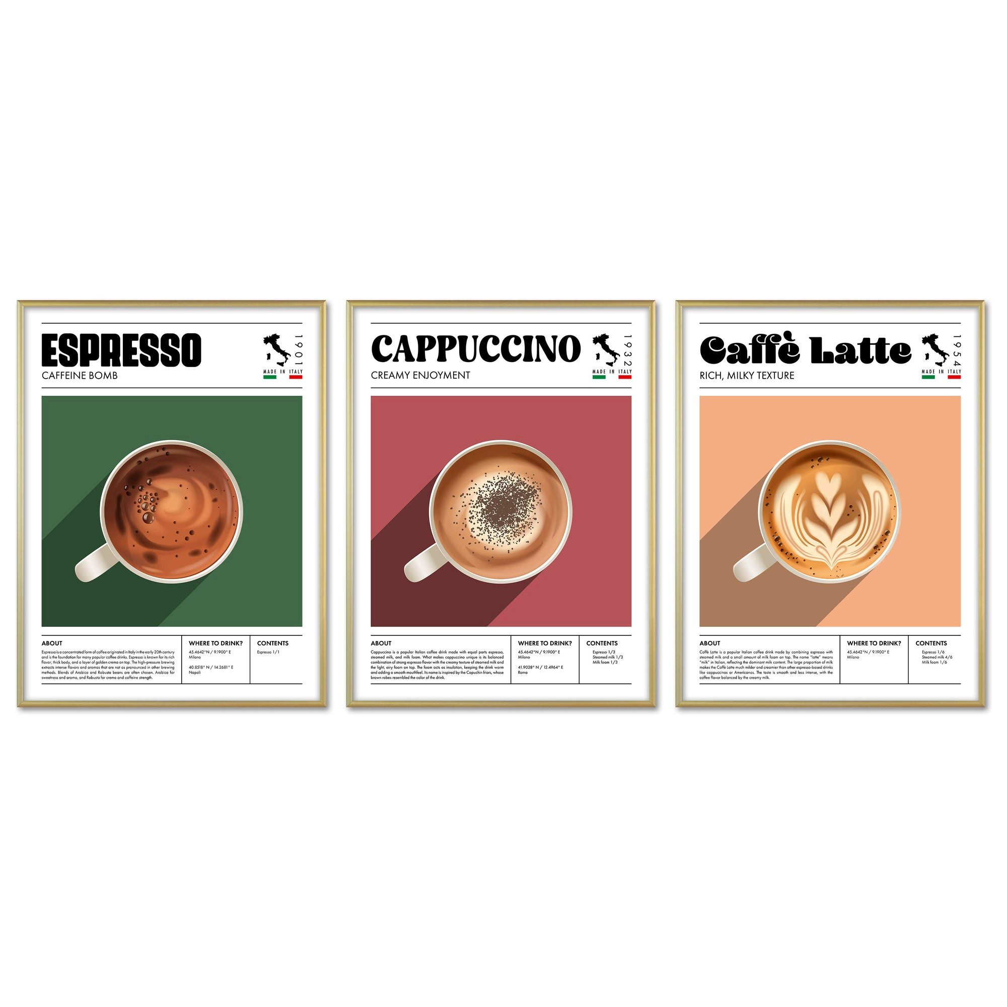 Bilder-Collage Poster Set - Coffee Types - 3 Deko Wandbilder Espresso, Cappuccino, Ca
