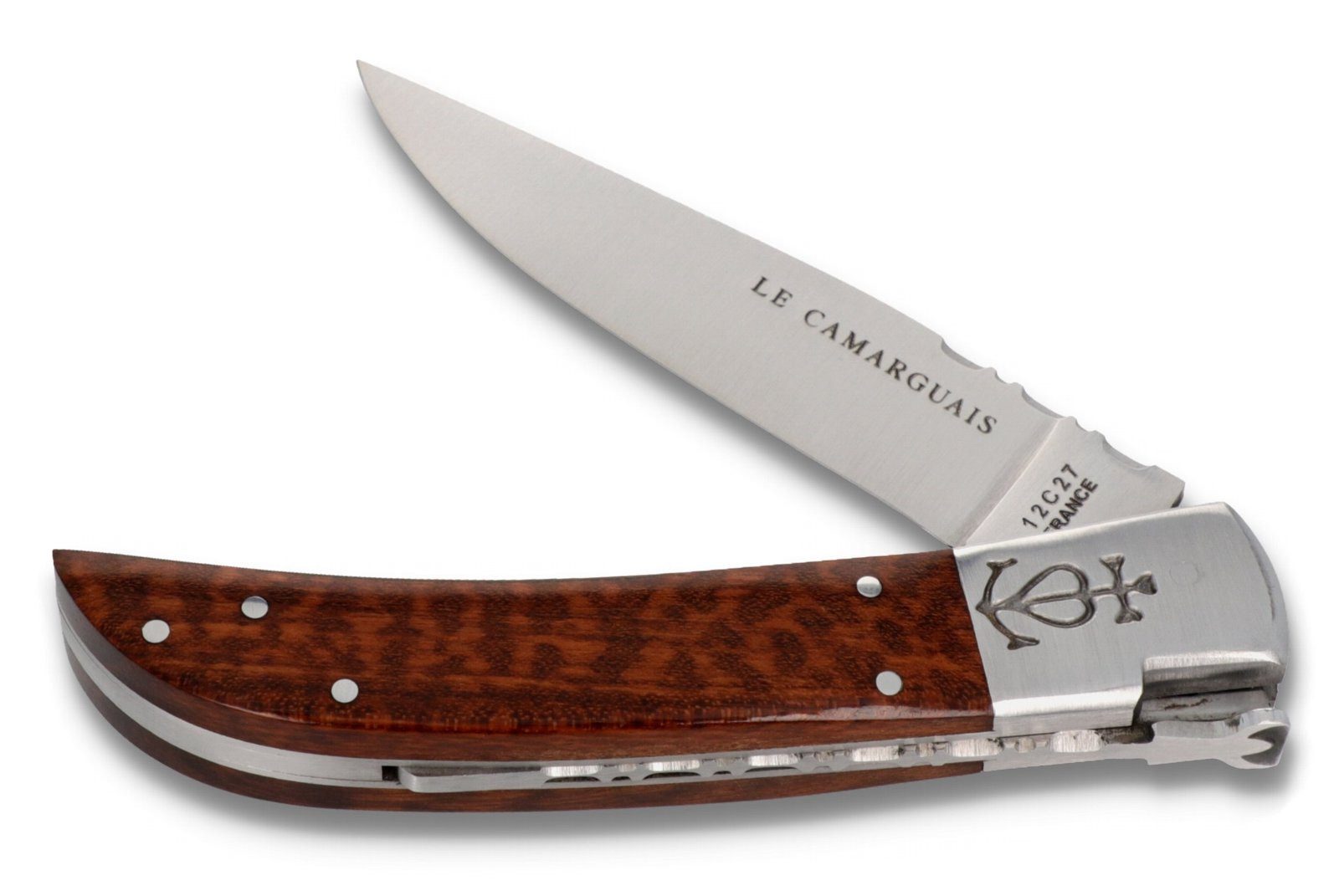 Le Camarguais Taschenmesser 20022, Griff 12cm Schlangenholz - Feder, Klingenrücken verziert - Stahl matt