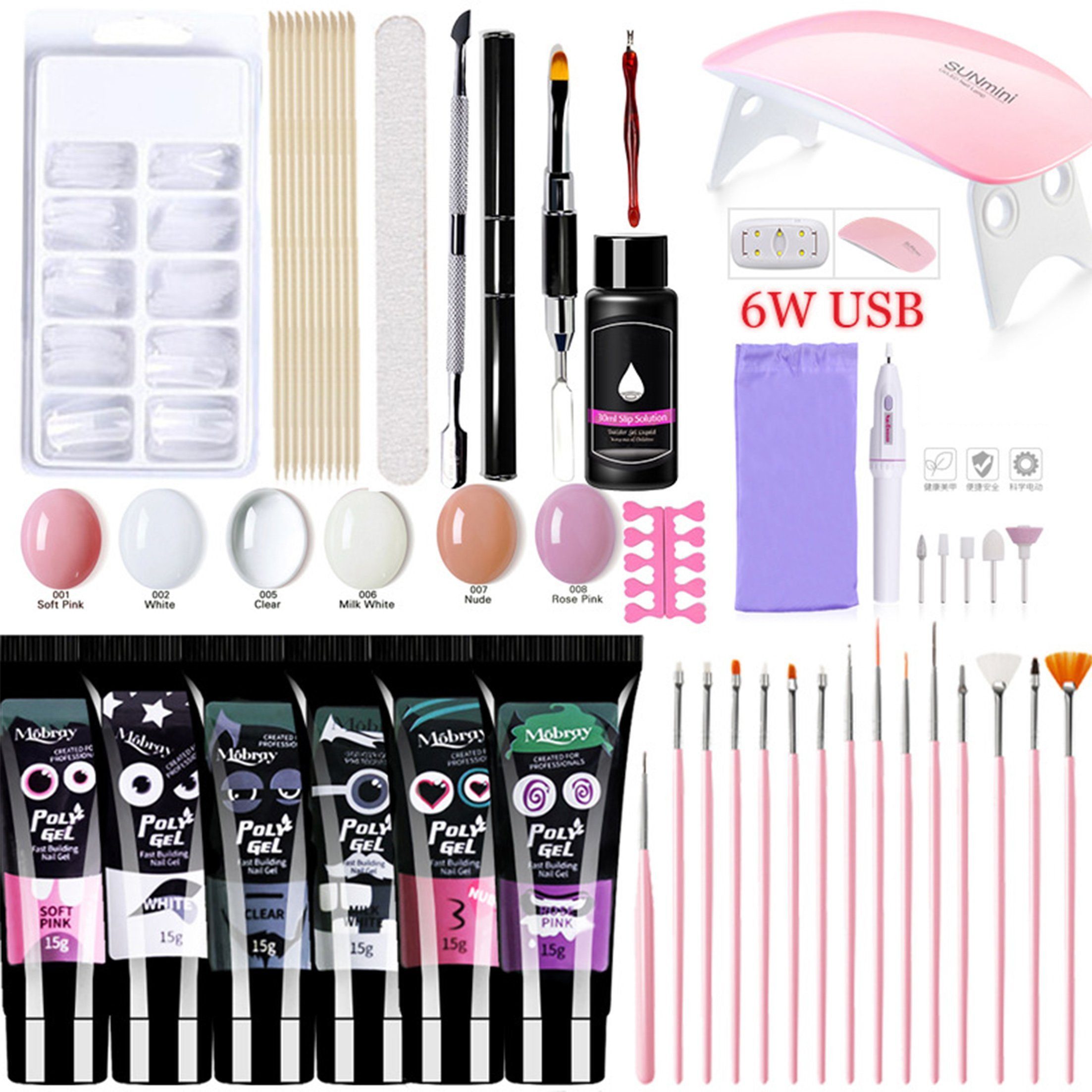 KINSI Gel-Nagellack Gel-Nagelverlängerung Set – Inkl. UV/LED Lampe,6 Farben & Zubehör, Komplett-Set für French Nails zu Hause