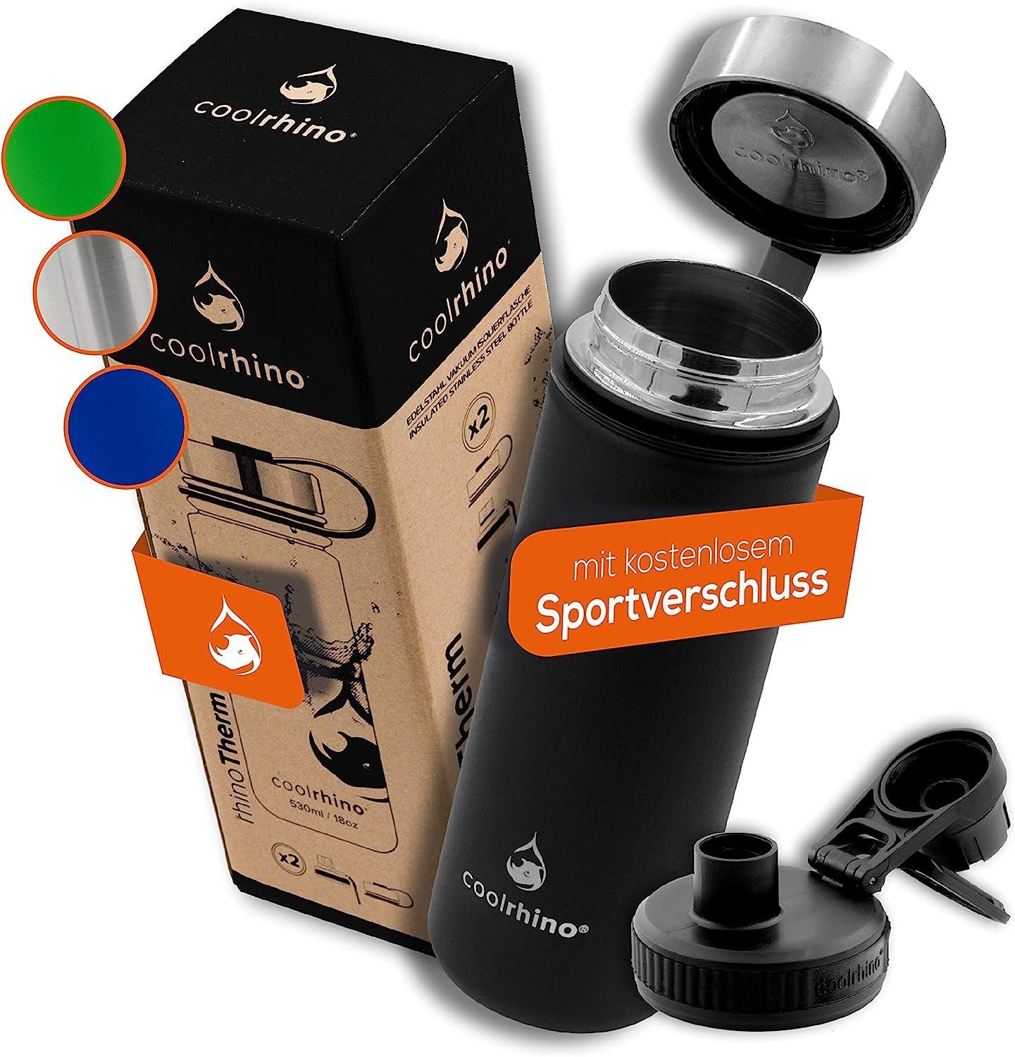 coolrhino Isolierflasche rhinoTherm Edelstahl Trinkflasche 530 ml / 950 ml, Kohlensäure geeignet, BPA-frei Thermosflasche doppelwandig