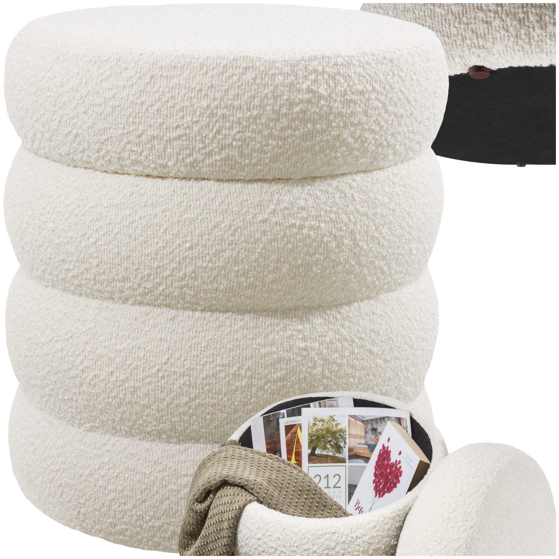 tectake Sitzhocker Schminkhocker Altu, gepolstert, Stauraum, 42 x 42 x 47 cm (rund, 1-St. Bouclé creme-weiß), weicher, pflegeleichter Bezug, Belastbarkeit 120 kg