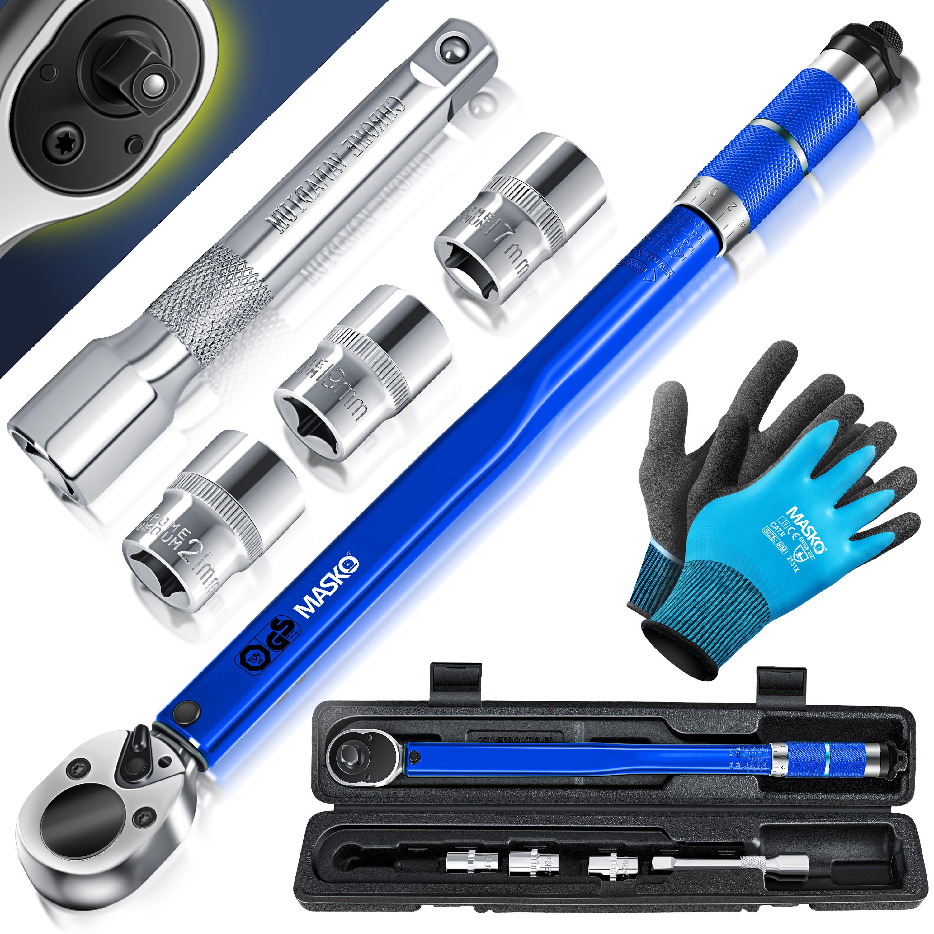 MASKO Drehmomentschlüssel Set 6tlg. Set 40-210Nm 1/2' CV, inkl. 3 Stecknüsse, 17mm, 19mm, 21mm & Verlängerung 125mm, inkl. Handschuhe und Koffer