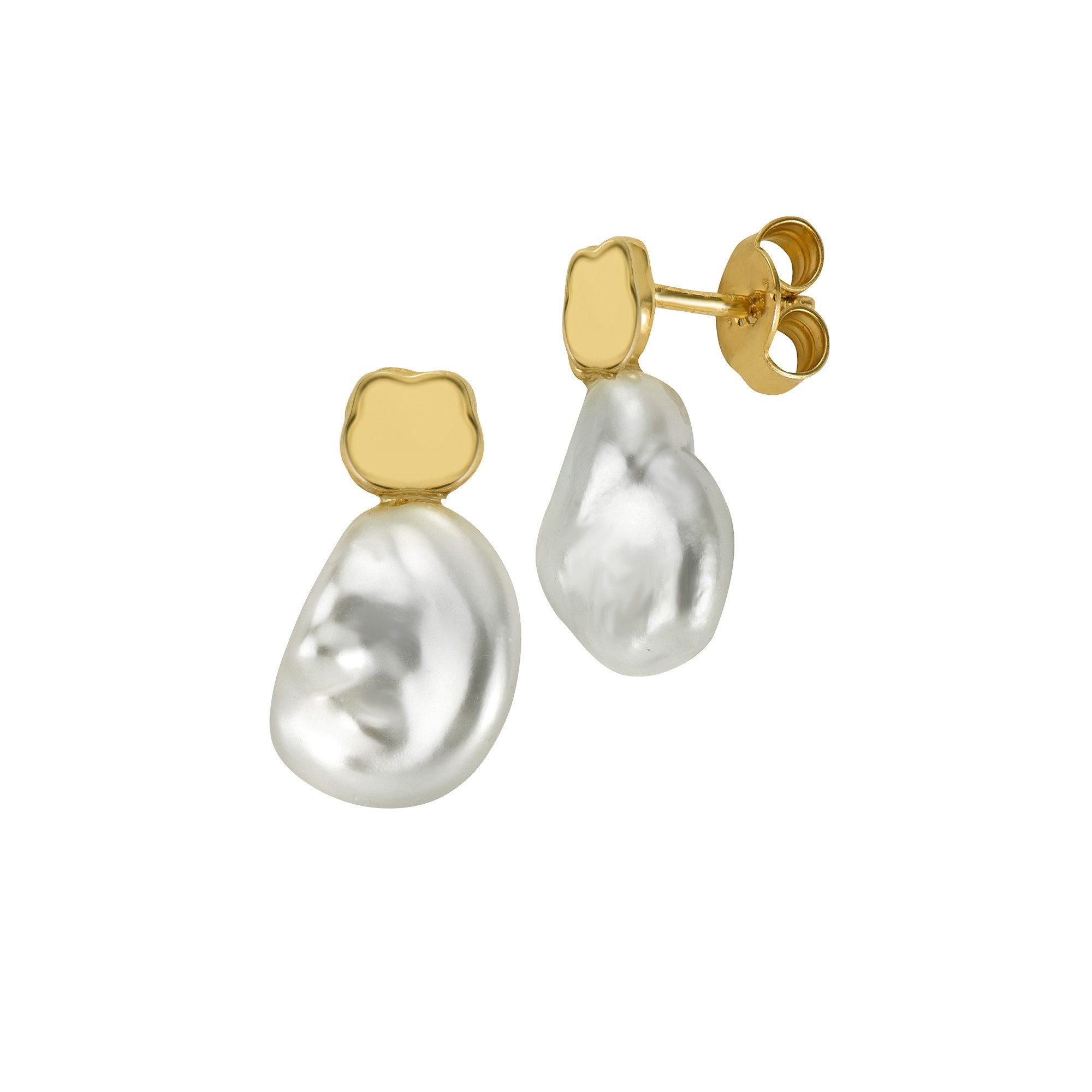 JEVELION Paar Ohrstecker Keshi Perlen Süßwasserperlen weiß - mit Kleeblatt 750 Gold (Ohrschmuck Gelbgold, 2-tlg., für Damen und Mädchen), Goldschmuck - Made in Germany