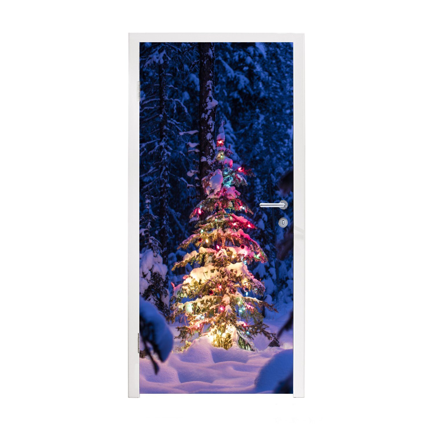 MuchoWow Türtapete Ein Weihnachtsbaum im verschneiten Wald, Matt, bedruckt, (1 St), Fototapete für Tür, Türaufkleber, 75x205 cm