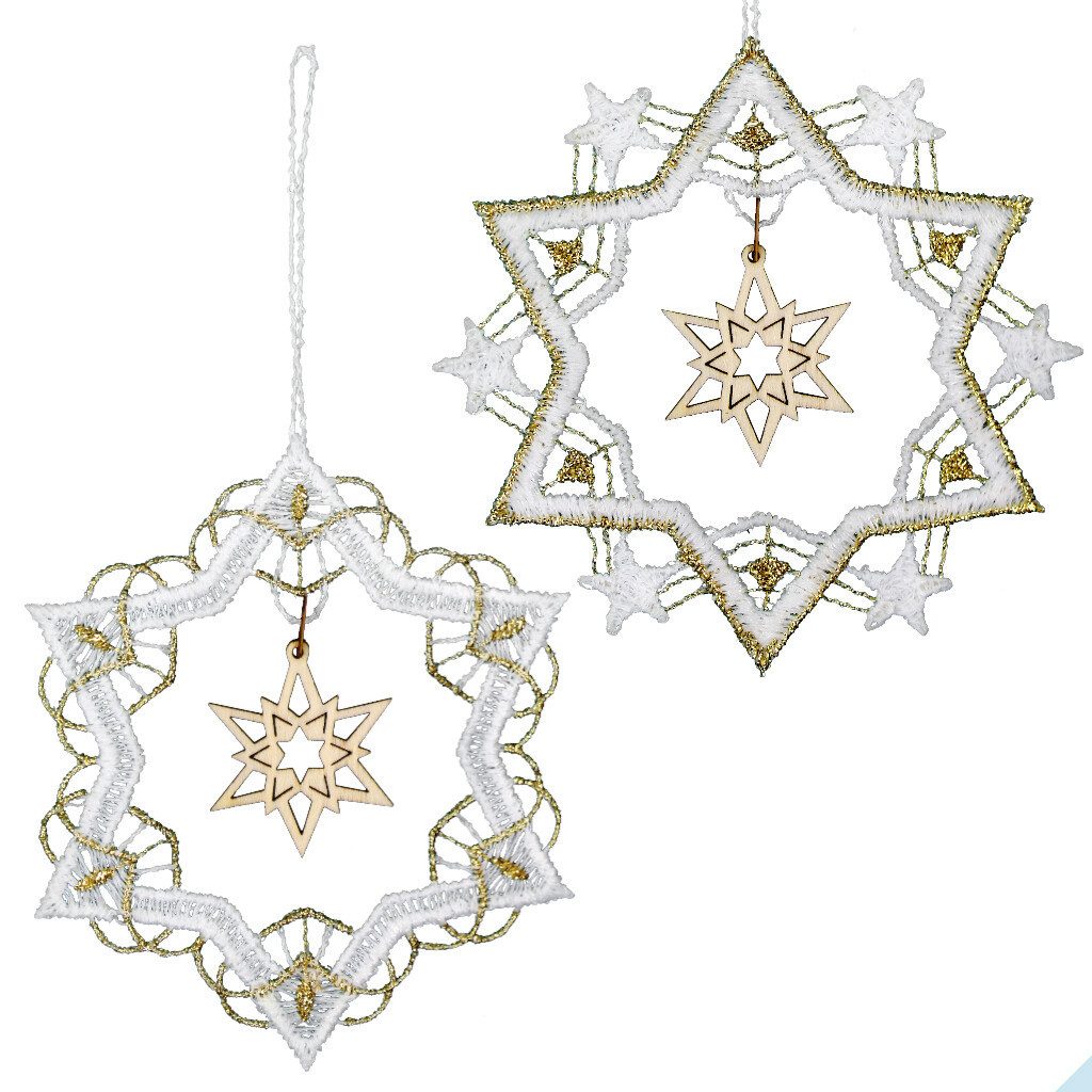 Baumbehang Baumbehang "Sternenmix" 9 cm 6 Stück (je 3 Stück) Spitze mit Holzkunst (6 St., Stern), Stern