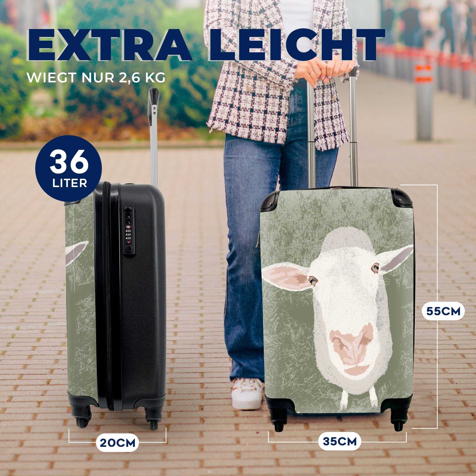 Reisekoffer Handgepäckkoffer für oben Eine Illustration mit rollen, 4 nach eines Schafes, Rollen, das Handgepäck Ferien, Trolley, MuchoWow Reisetasche schaut,