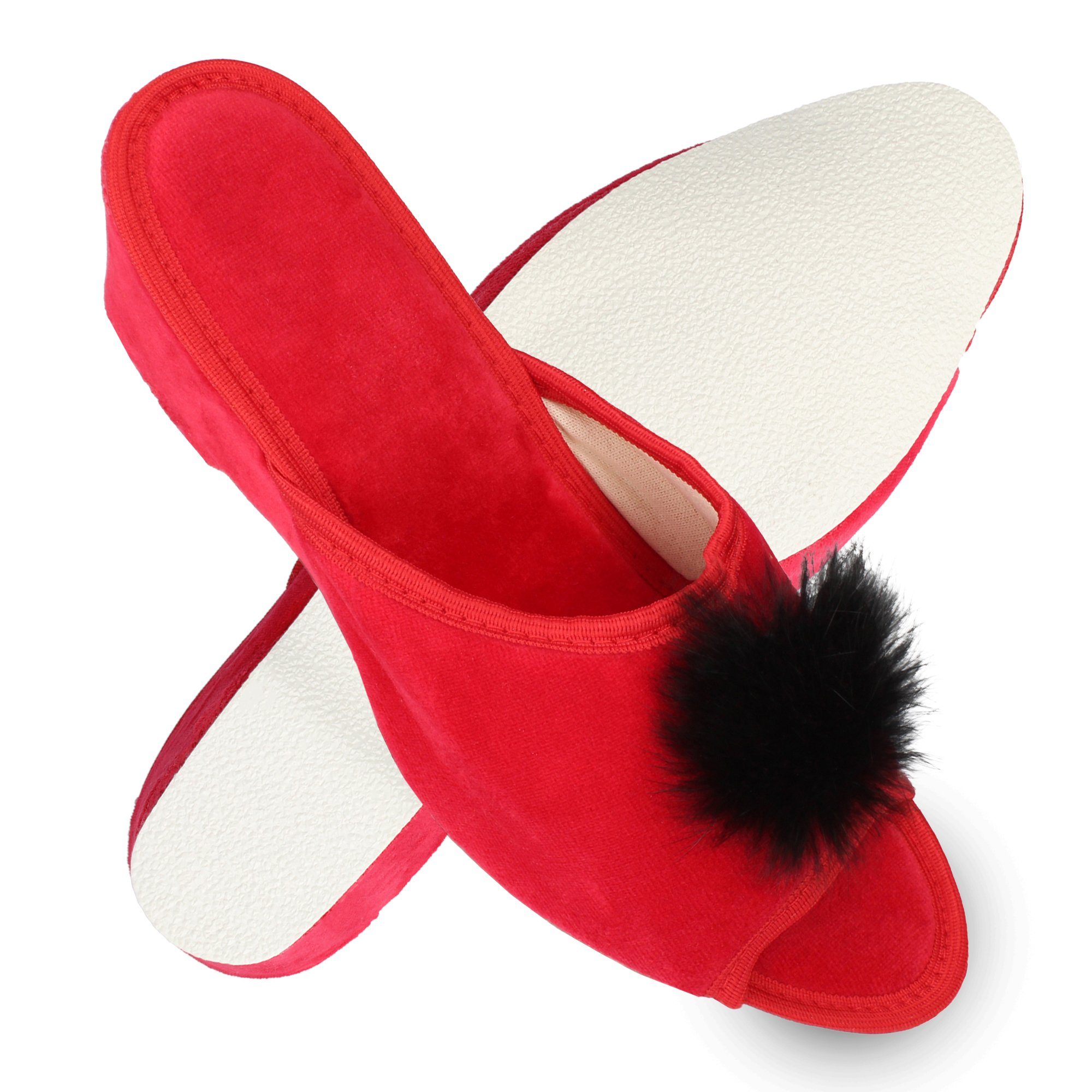 filsko Latina Elegante Samt Pantoffeln für Damen mit Puschel Hausschuh
