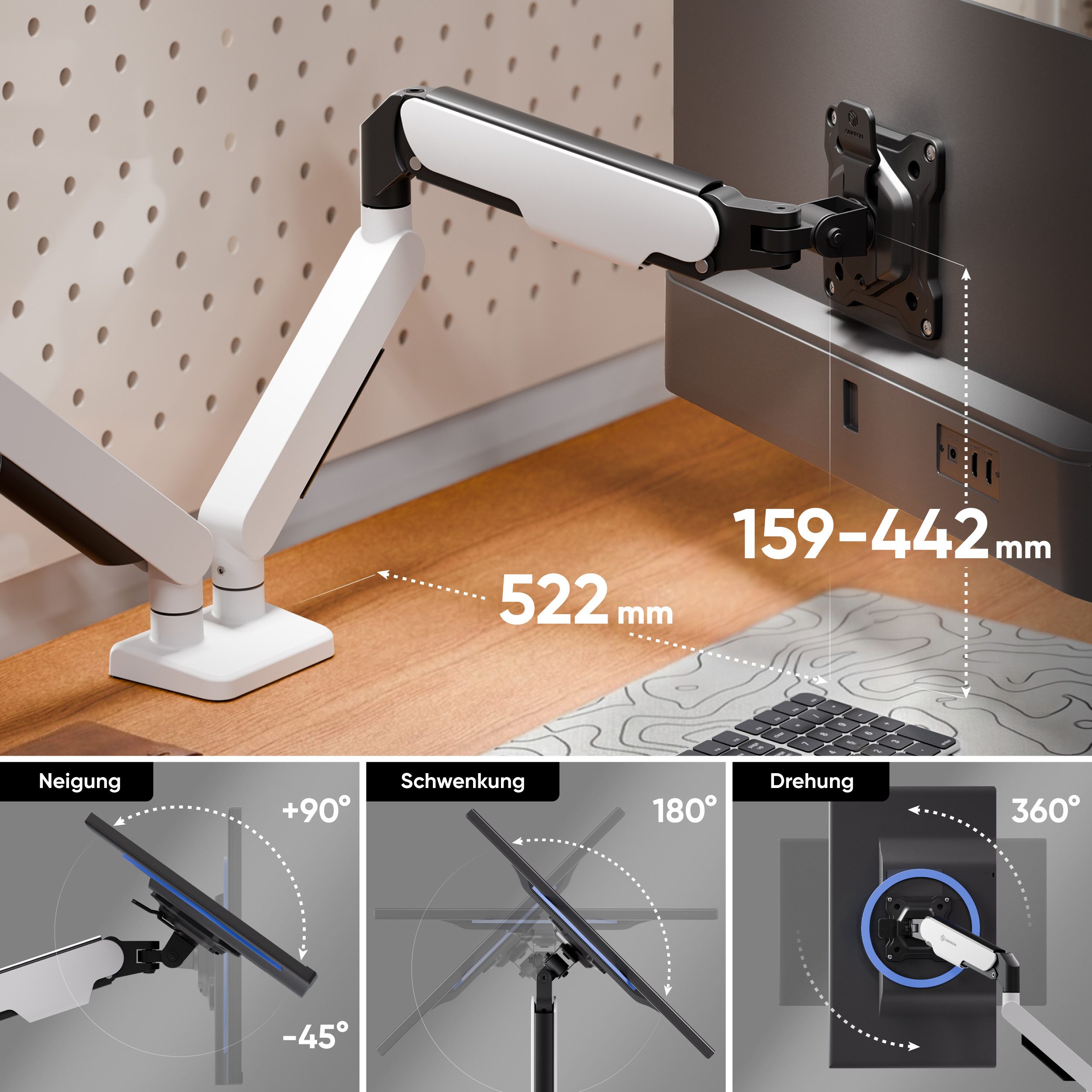 ONKRON Monitor-Halterung 13-32 Zoll, bis 9 kg pro Arm, VESA 75x75-100x100, G250-BW, (bis 32 Zoll, schwenkbar, drehbar, neigbar, Gasdruckfeder, Kabelmanagement) – Bild 3 von 5