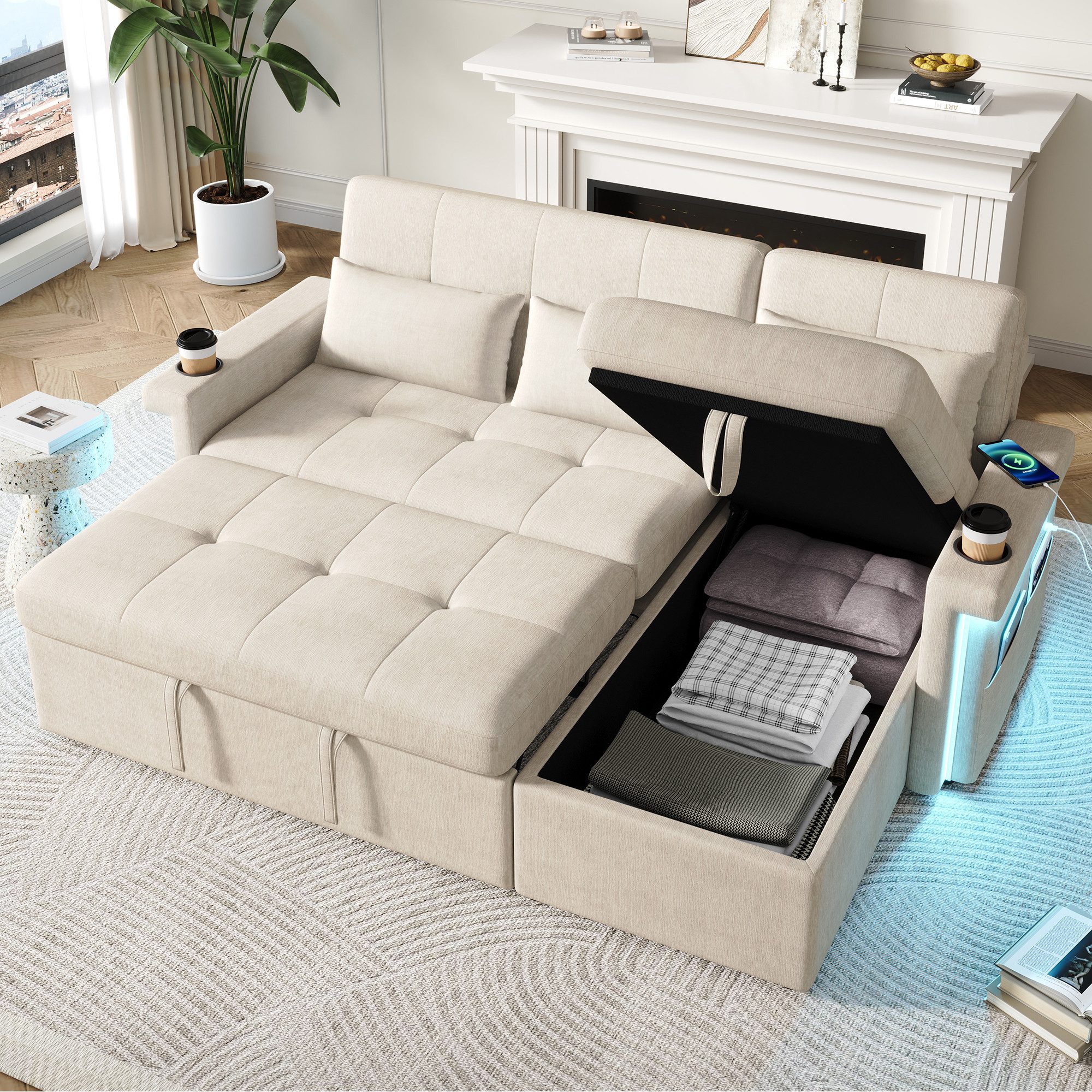 Merax Schlafsofa mit LED-Beleuchtung & USB, Ecksofa mit Schlaffunktion, Chenille 1 Teile, L-förmiges Sofa mit verstellbarer Rückenlehne, Stauraum & 3 Zierkissen