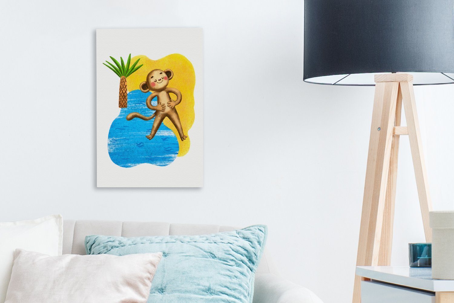 OneMillionCanvasses® Leinwandbild Affe - Palme Gemälde, St), bespannt - (1 inkl. cm fertig Leinwandbild Strand, 20x30 Zackenaufhänger