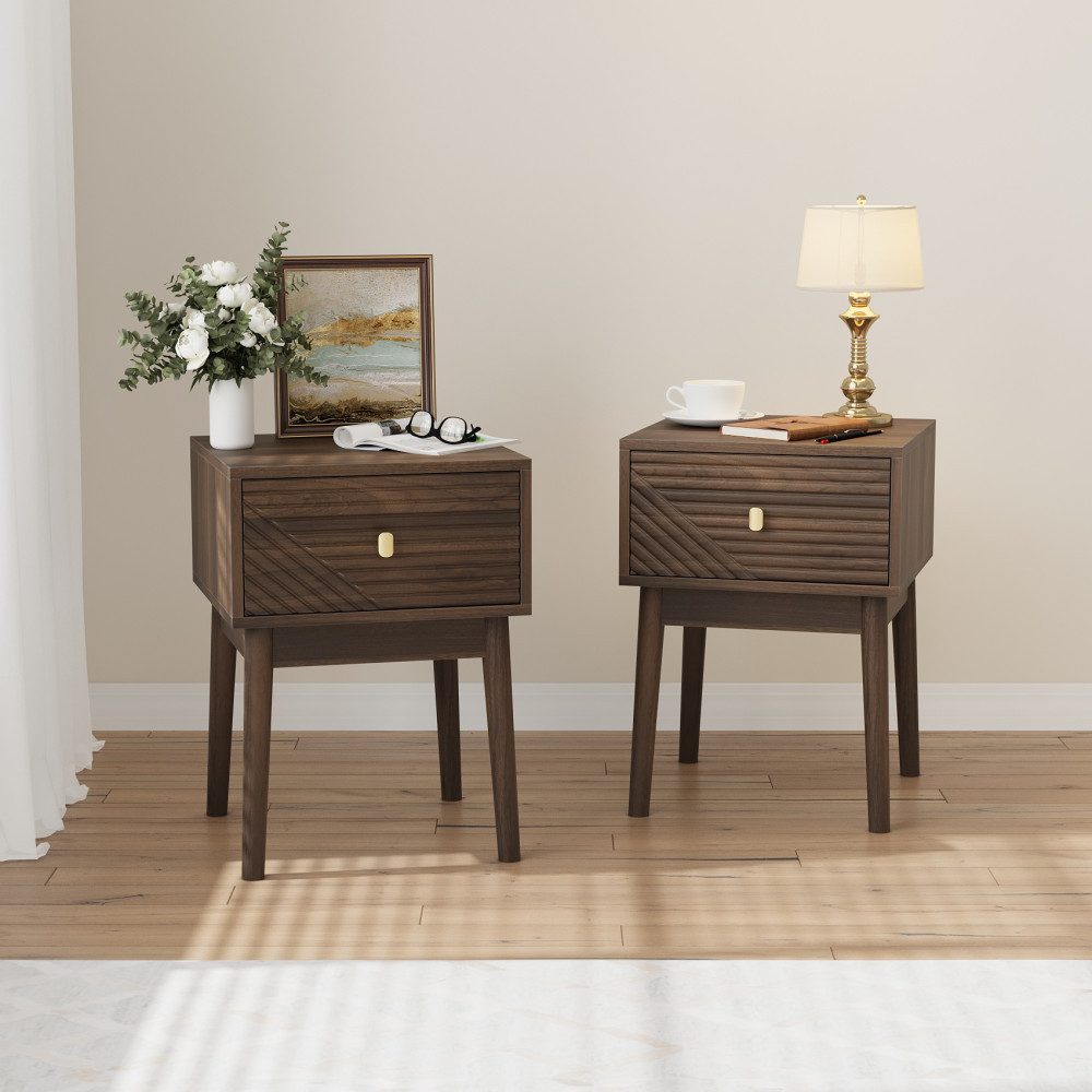BBWL Nachttisch Set 2 Stück Mid Century mit Schublade Metallgriffen Beistelltisch, Nachttisch Se Modern mit MDF