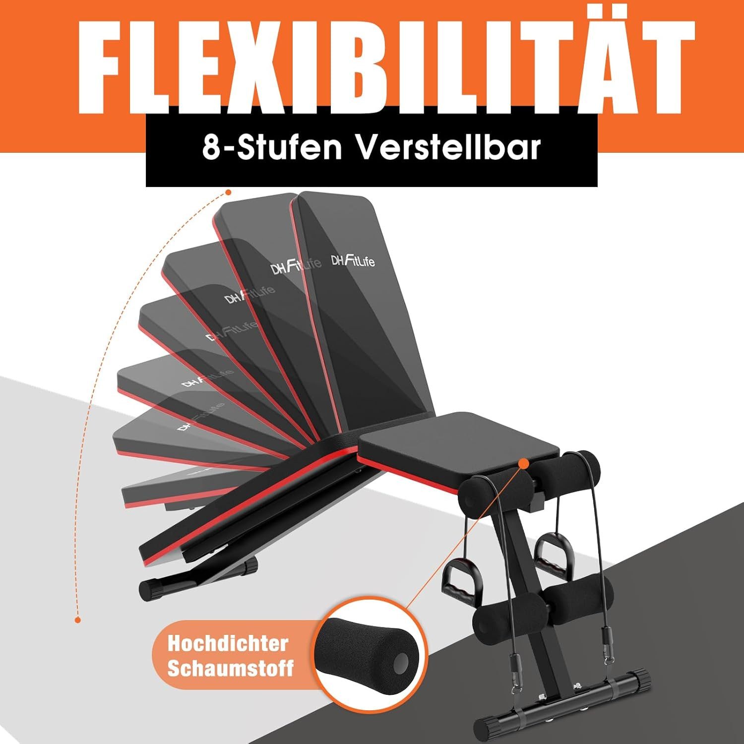 DH FitLife Hantelbank Klappbar 8 in 1, 80% Platzsparend, (für Ganzkörpertraining, Schrägbank, Bauchmuskeltrainer), Verstellbare Fitnessbank für Home Gym