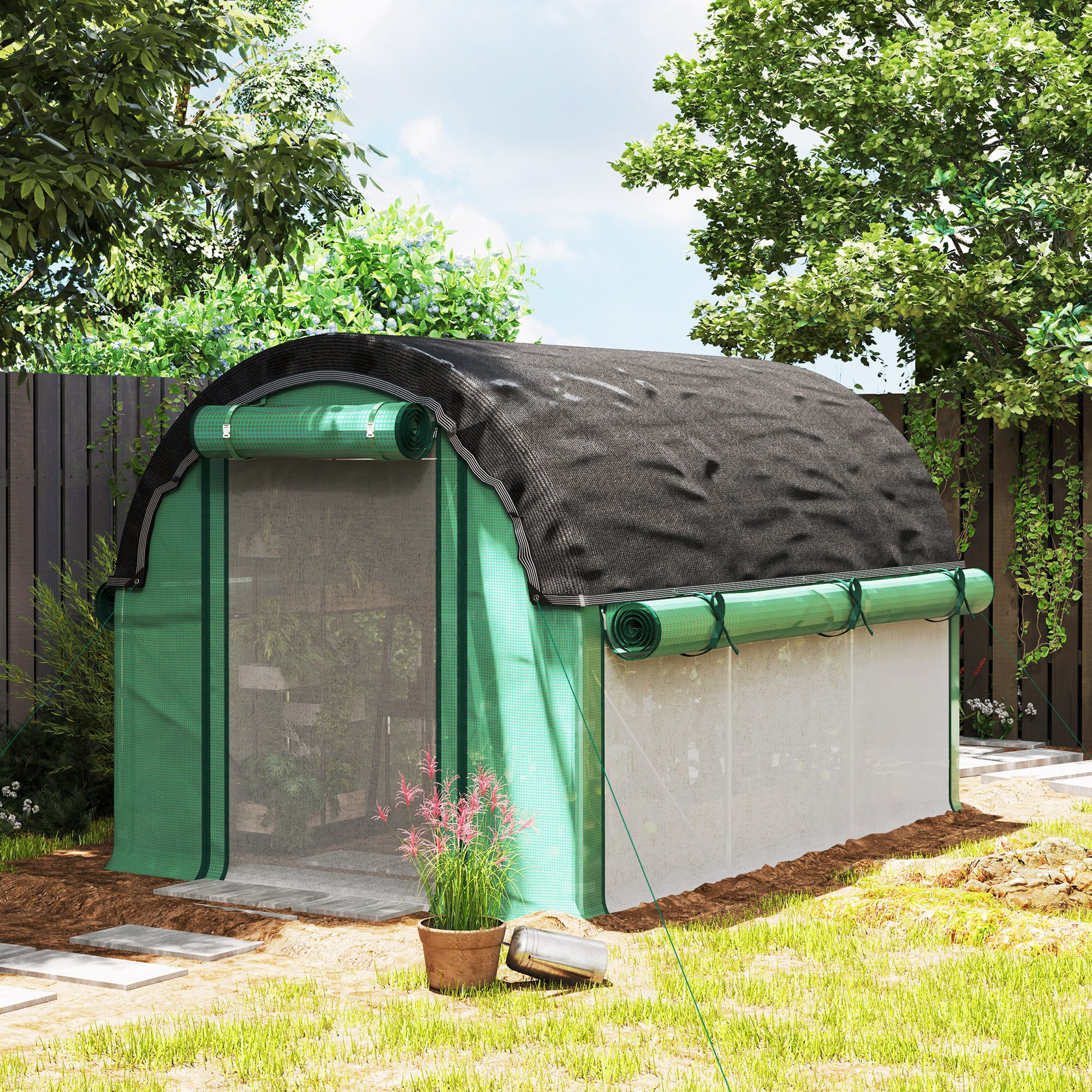 Outsunny Foliengewächshaus Folientunnel mit 6 Fenster, Rolltüren, Winterfest, Tomatenhaus, BxTxH: 300 x 200 x 198 cm, BxLxH: 200 x 300 x 198 cm, 0.5 mm Wandstärke, Folientunnel 1-St., Gewächshaus, UV-beständig, mit Erdanker, Grün
