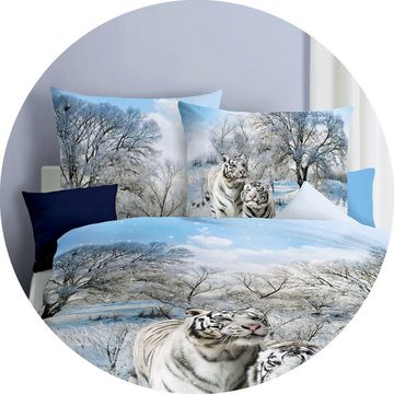 Bettwäsche Schnee Tiger Raubkatze Winter Schnee Kaeppel, JACK, Mako-Satin, 2 teilig, hochwertiger Digitaldruck, elegantes Schneetigermotiv, Baumwolle