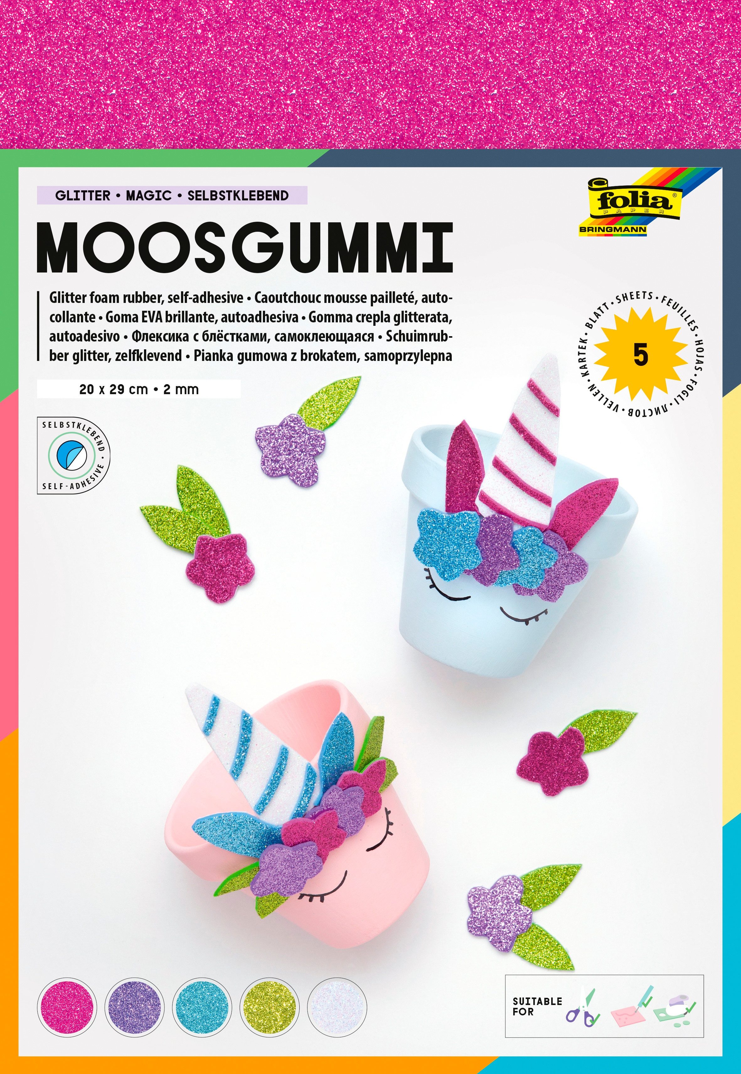Folia Moosgummi Selbstklebendes Glitzer-Moosgummi, 5 Bogen
