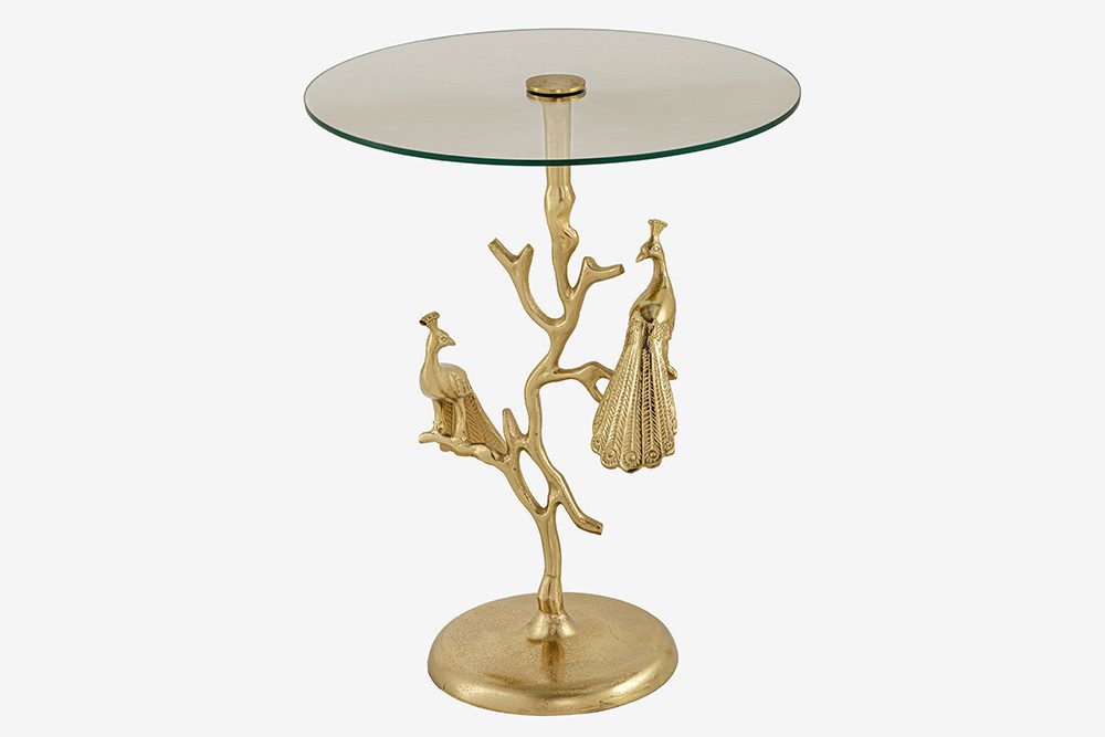 riess-ambiente Beistelltisch WILDLIFE PEACOCK 60cm gold / transparent · Wohnzimmertisch aus Metall (Einzelartikel, 1-St), mit Glas-Tischplatte · rund · handmade · Pfauen-Skulptur · Design