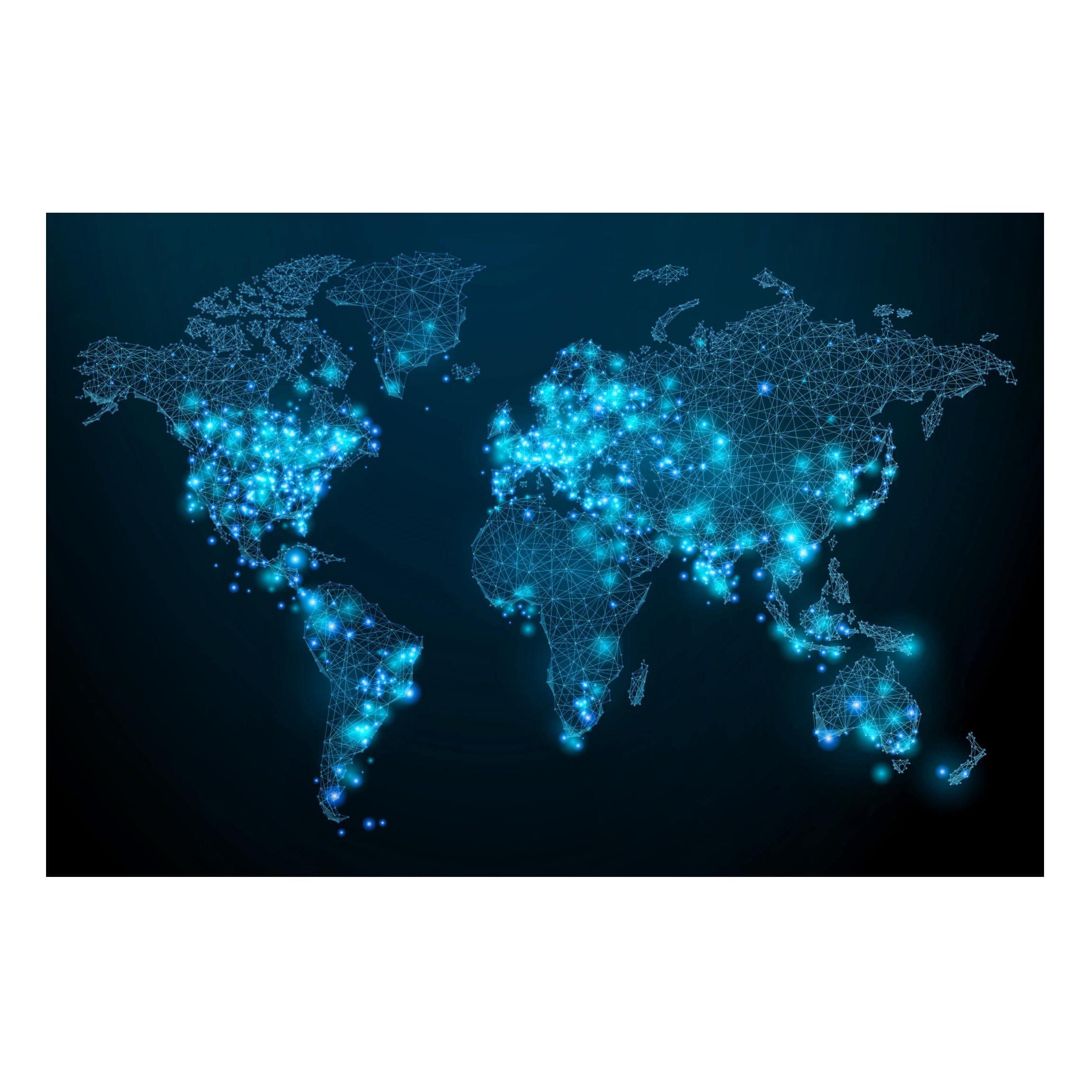 Bilderdepot24 Magnettafel Küche blau Connected World Weltkarte, (1-tlg., Magnetboard Pinnwand für die Wand - metallische Tafel für Magnete), Magnetwand groß mit Motiv Büro Memoboard magnetisch Querformat