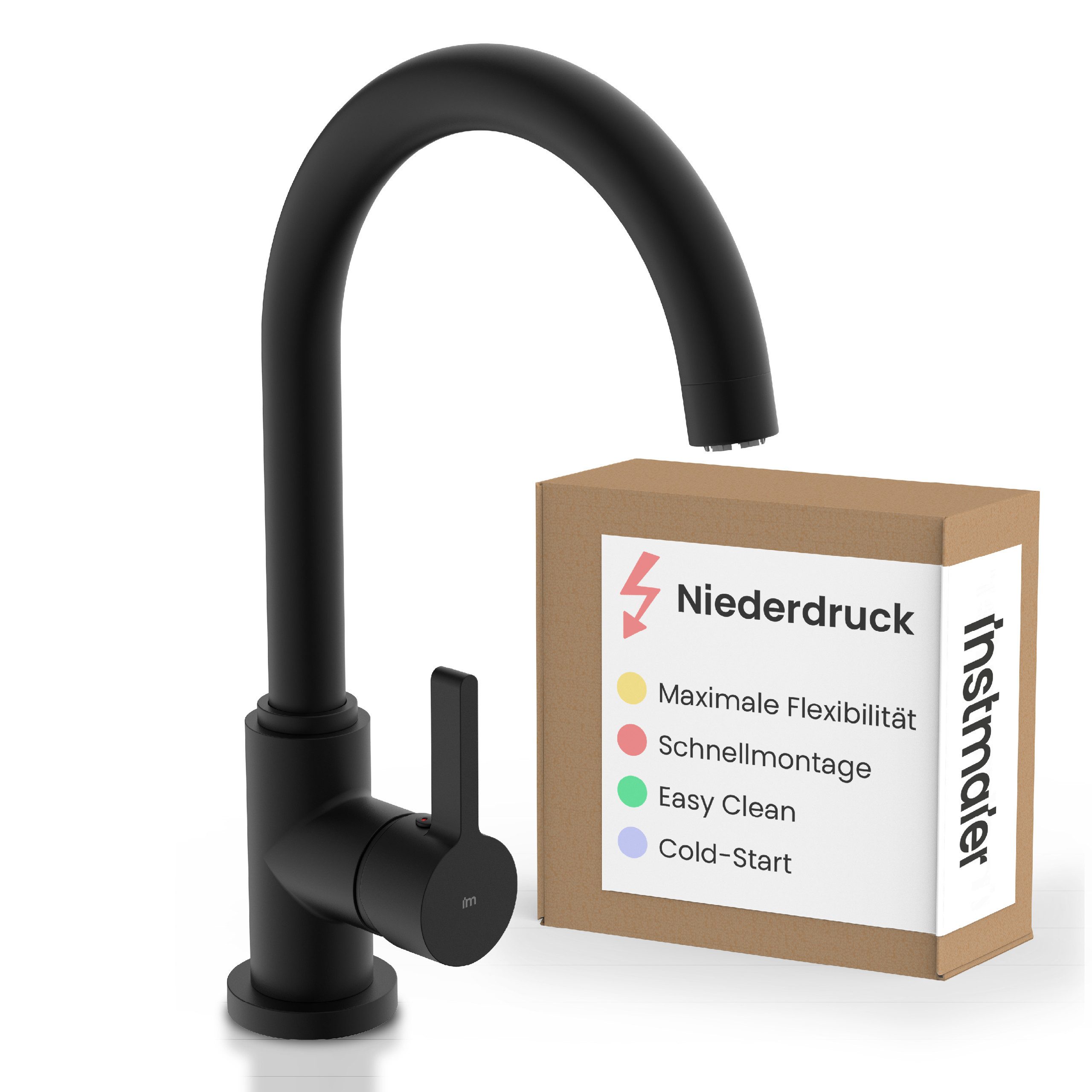 instmaier Küchenarmatur Leona, Küchenarmatur mit hohem Auslauf 360° schwenkbar, Niederdruckarmatur, schwarz matt
