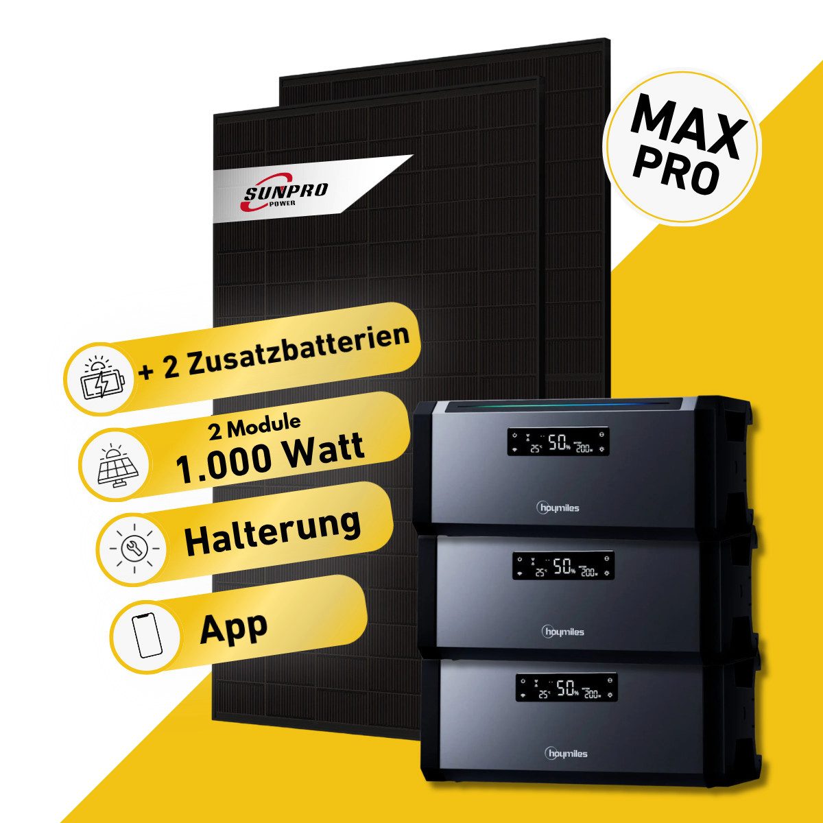 Balkonstrom Balkonkraftwerk MAX Pro 1000 Watt Solaranlage mit Speicher Komplettset Bifazial, 1000 W, Monokristallin, (2x Sunpro Solarmodul á 500 Watt, 1x Hoymiles HiBattery 1920 AC, 1-5 Zusatzspeicher Hoymiles HiBattery), Halterung für Dach, Fassade, Balkon & Garten, App & Plug&Play DE