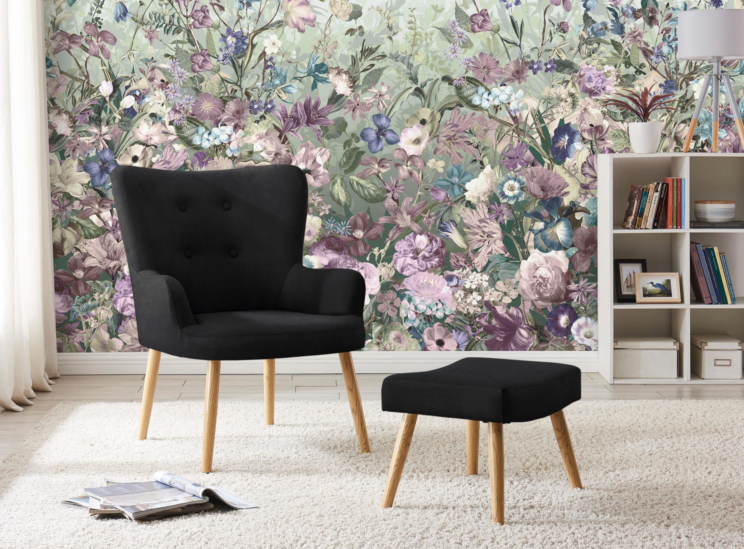 loft24 Sessel Cora - Relaxsessel, Fernsehsessel mit Hocker, Armlehnsessel (2-tlg. Set, 2-St., Sessel mit Hocker), Beine in Holzoptik, gepolstert, Knopfheftung, modern