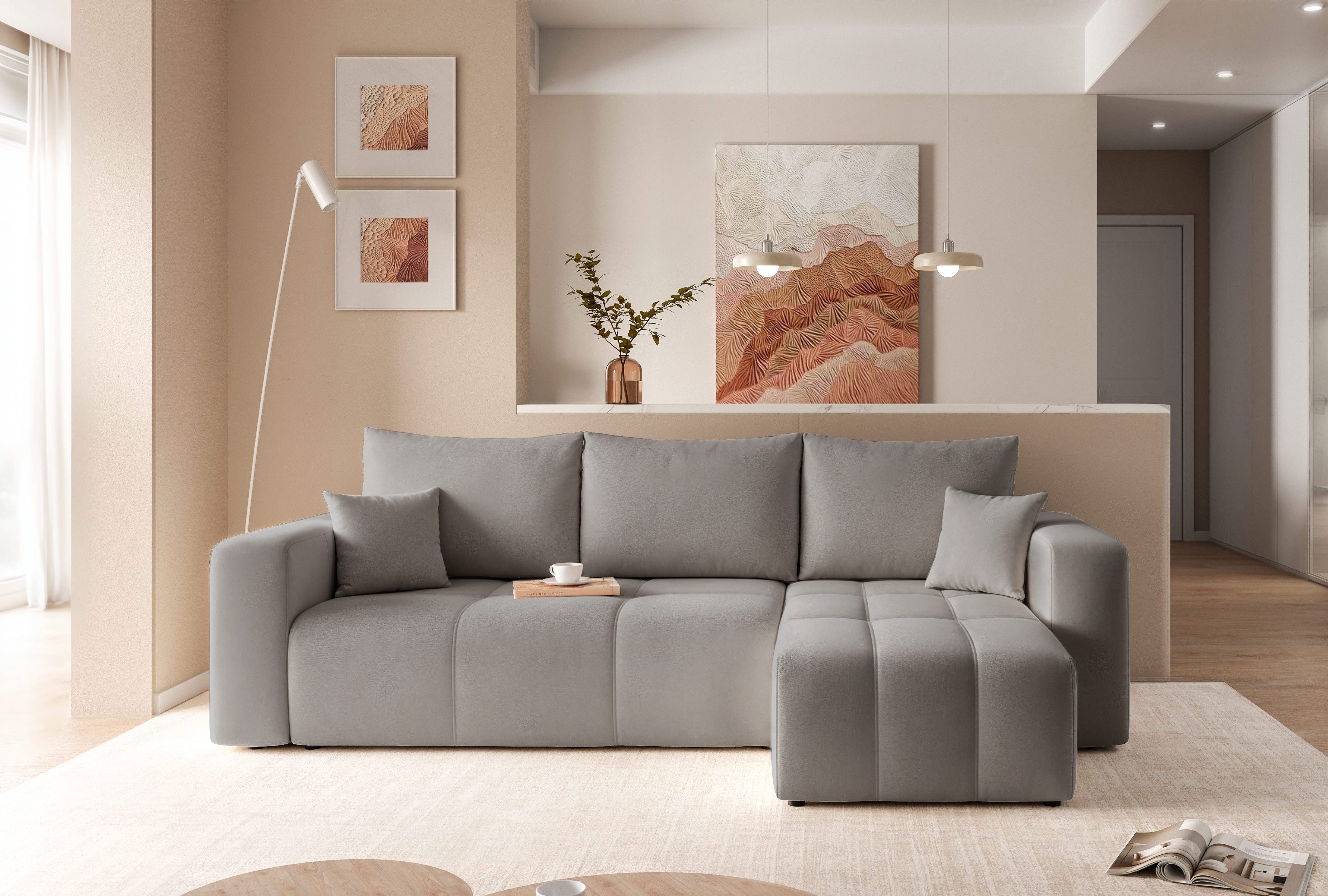 yourhouse24 Ecksofa PEDRO L – Samt-Optik, Schlaffunktion & Bettkasten, mit Schlaffunktion und Bettkasten, Seite universal