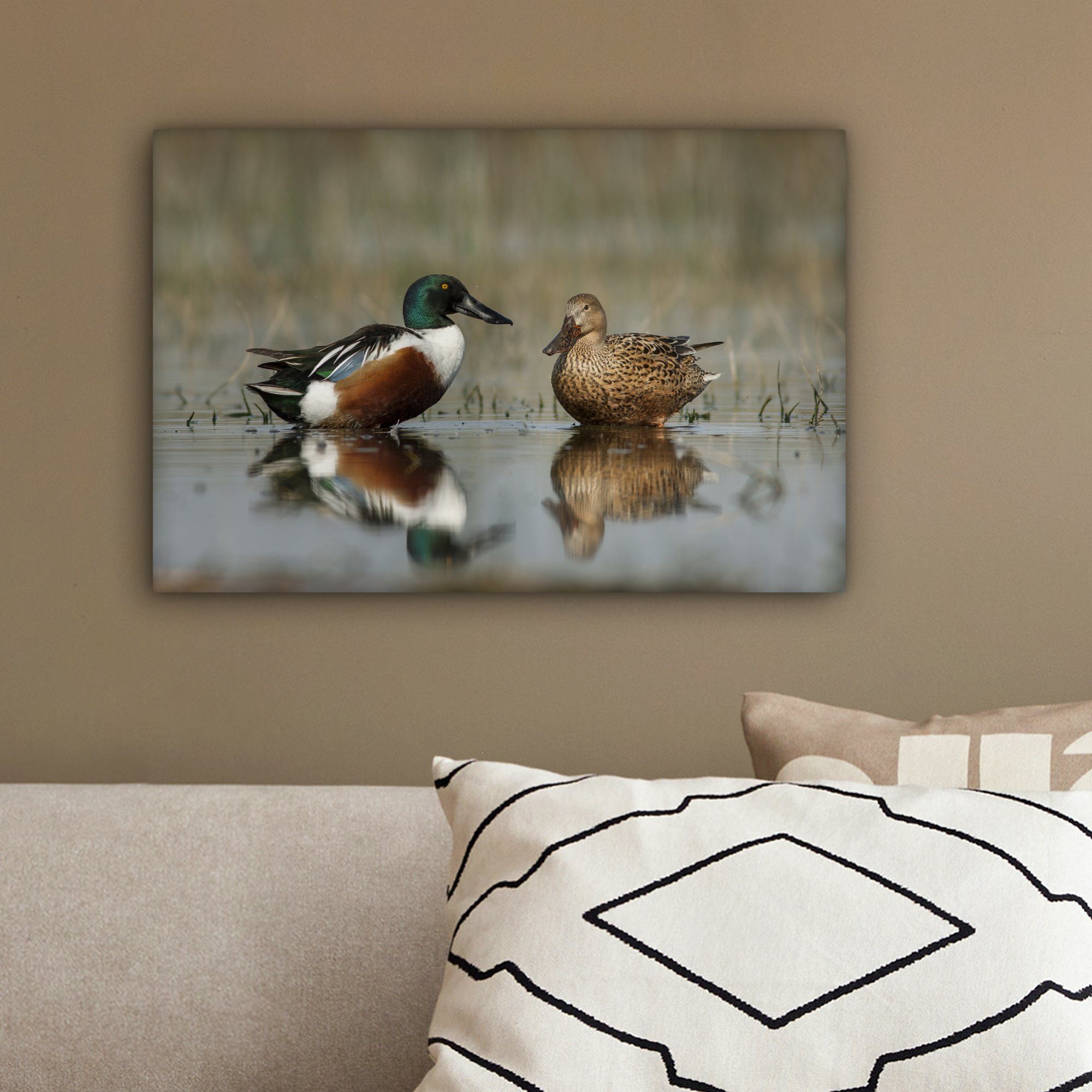 Wandbild 30x20 - cm Ente Wasser Wanddeko, - OneMillionCanvasses® St), Aufhängefertig, (1 Leinwandbilder, Leinwandbild Spiegelung,