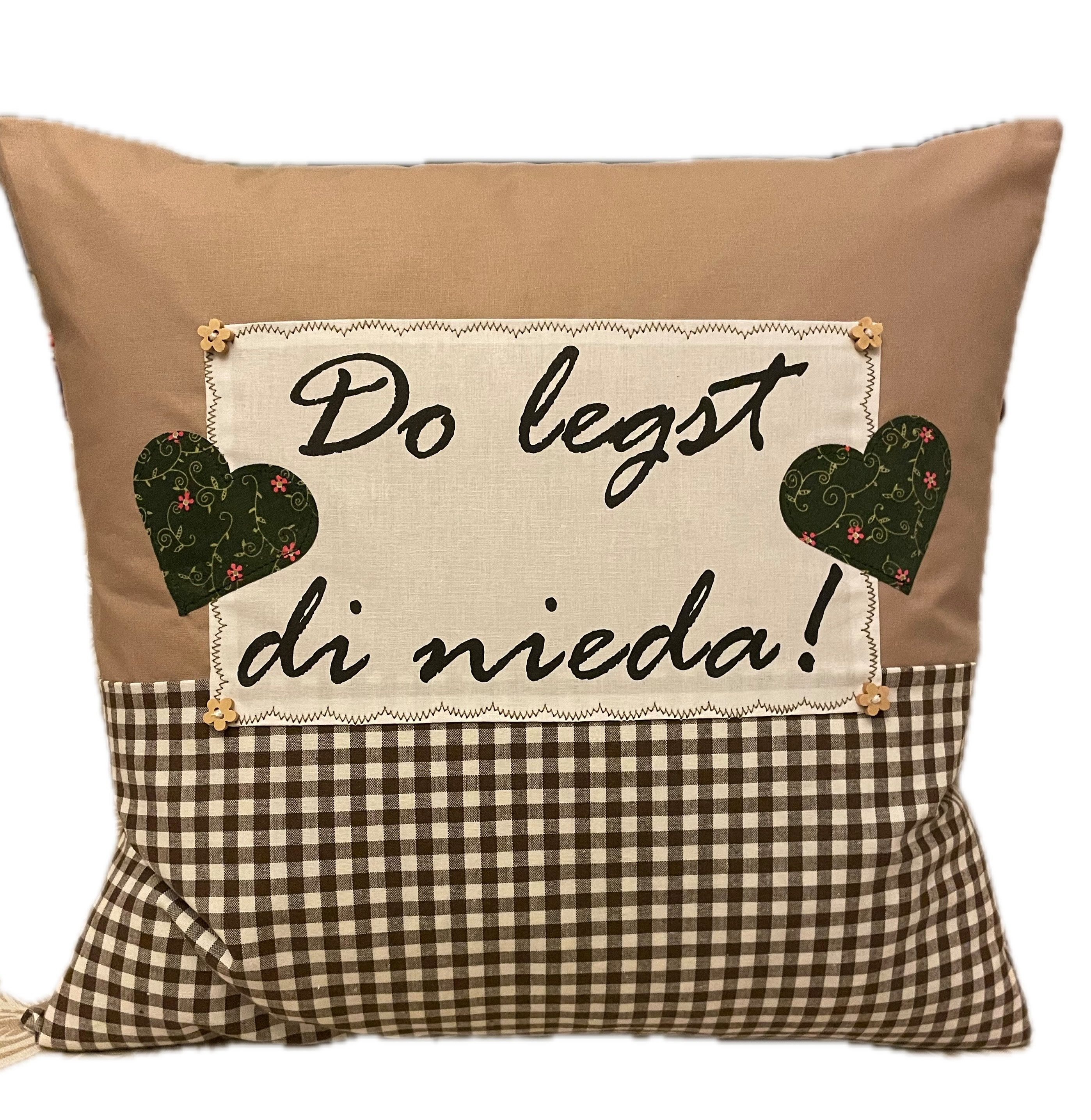 Ammerkind Dekokissen Landhausstil Kissenbezug beige/braun kariert " Do legst di nieder! ", Handgefertigt in Deutschland / Bayern