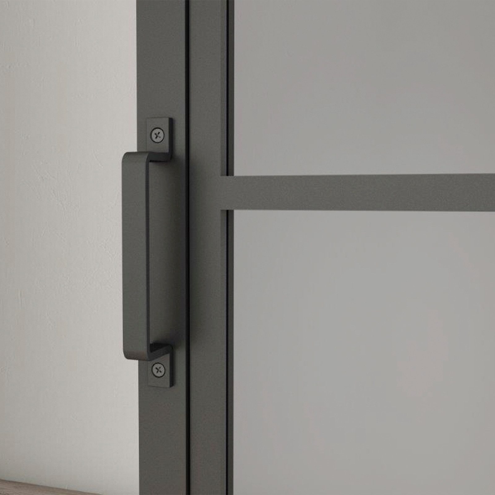 inova wohnen Glasschiebetür Grauglas schwarzer Stahlrahmen, Komplett Set offene Laufschiene Softclose Loftstyle