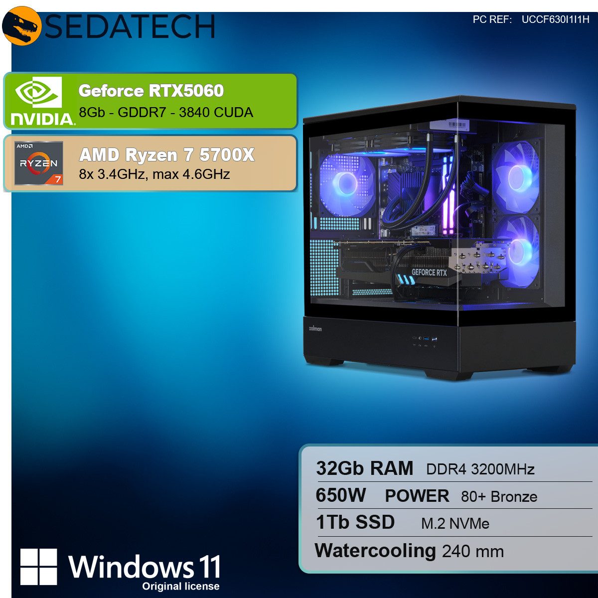 Sedatech UCCF630I1I1HF - Watercooling Gaming-PC (AMD Ryzen 7 5700X 8x 3.4GHz (max 4.6GHz), Geforce RTX5060 8GB, 32 GB RAM, 1000 GB SSD, Watercooling, Wlan 4)