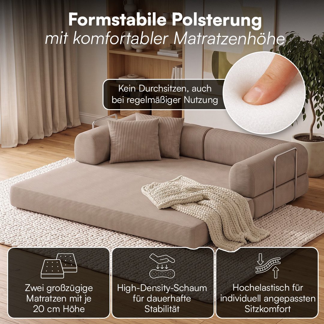 skølm Sofa & Sessel Lofn aus Vollschaum Cord, umwandelbar zum Schlafsofa/-Sessel, Beige, Cordsofa 200 cm breit, 2 Sitzer, kein Aufbau erforderlich, vakuumiert – Bild 2 von 5
